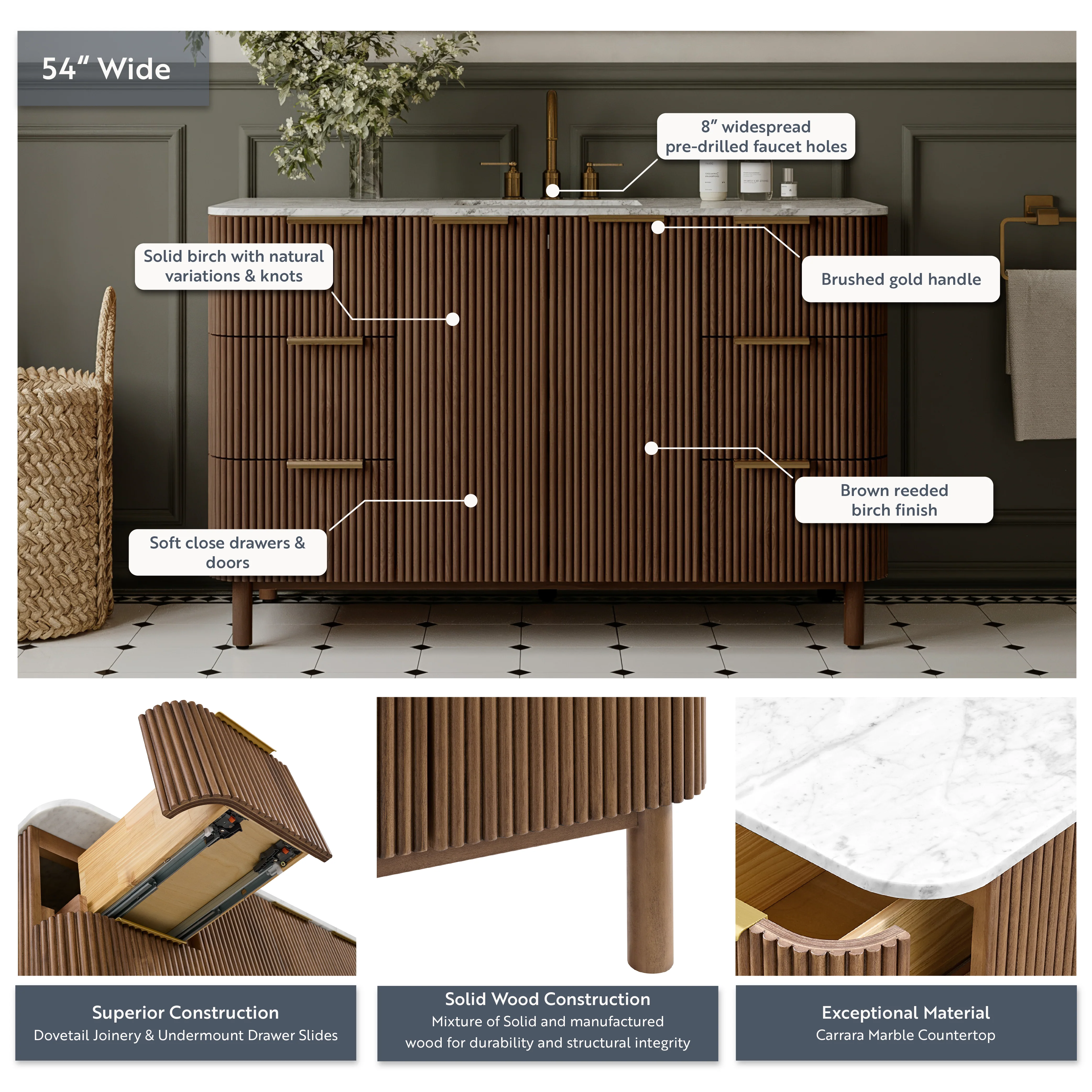 Havana 54" Single Bathroom Vanity in Brown Reeded Birch | Carrara Marble Countertop - Image 4