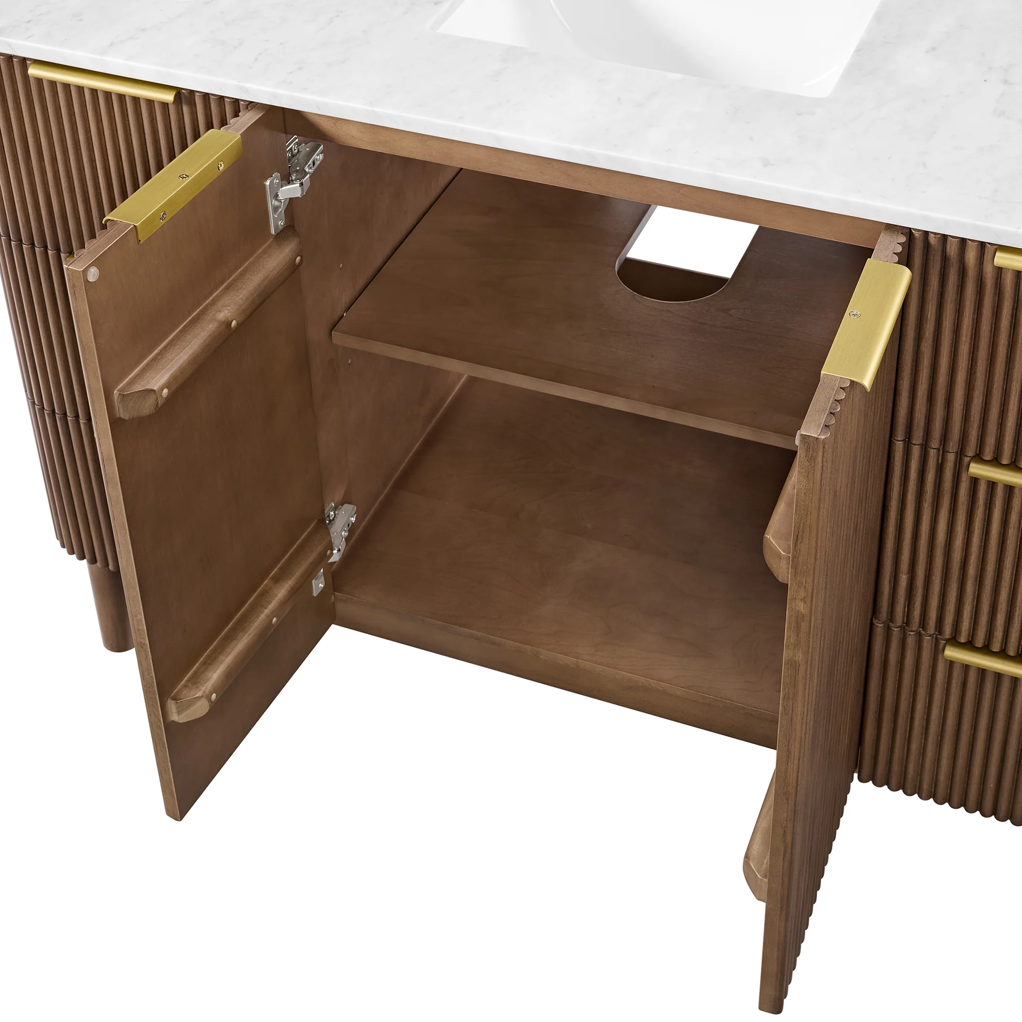 Havana 54" Single Bathroom Vanity in Brown Reeded Birch | Carrara Marble Countertop - Image 5