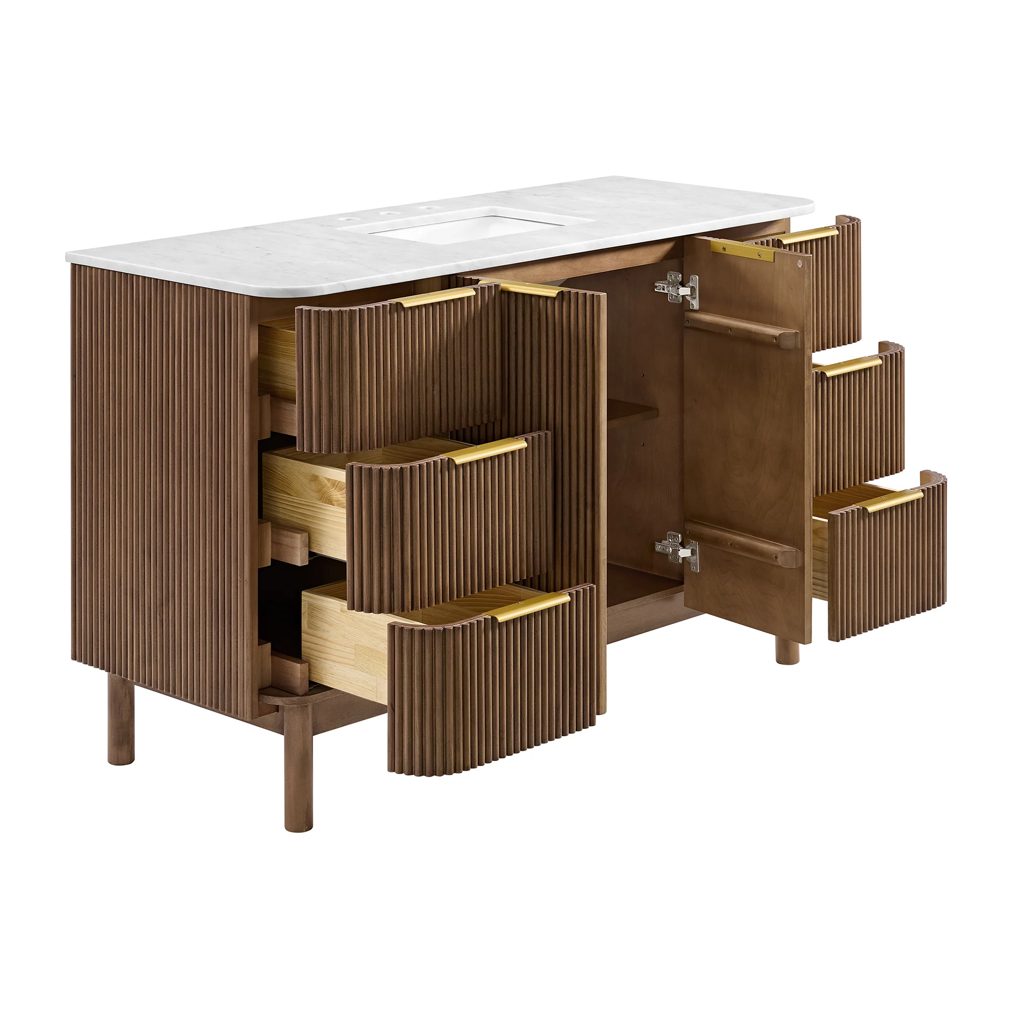 Havana 54" Single Bathroom Vanity in Brown Reeded Birch | Carrara Marble Countertop - Image 6