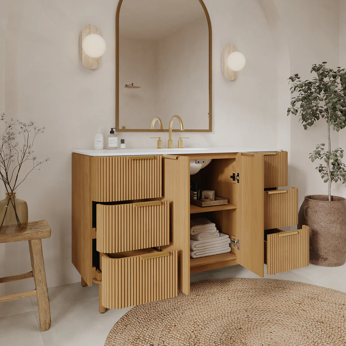 Havana 54" Single Bathroom Vanity in Reeded Birch | White Quartz Countertop - Image 3