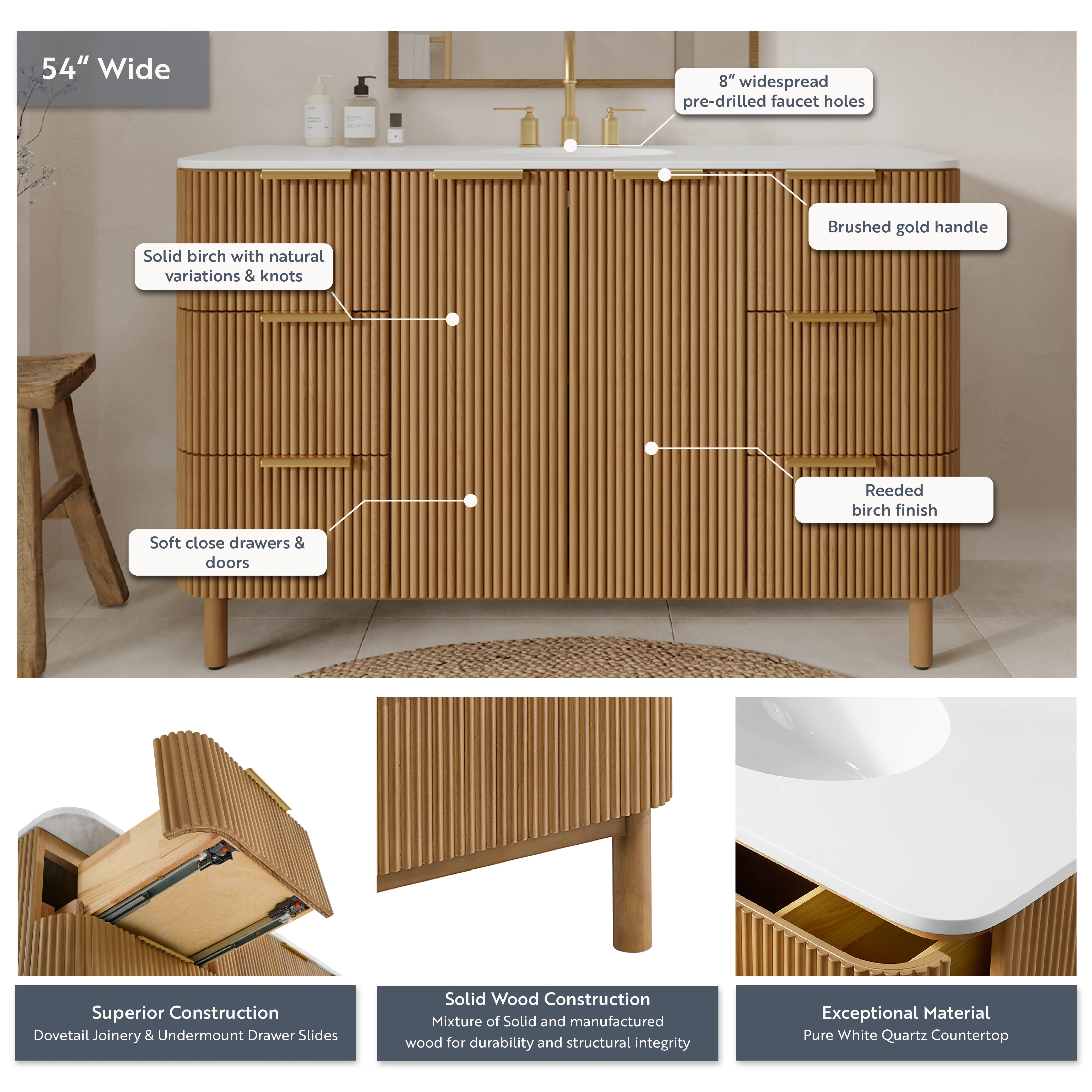 Havana 54" Single Bathroom Vanity in Reeded Birch | White Quartz Countertop - Image 4