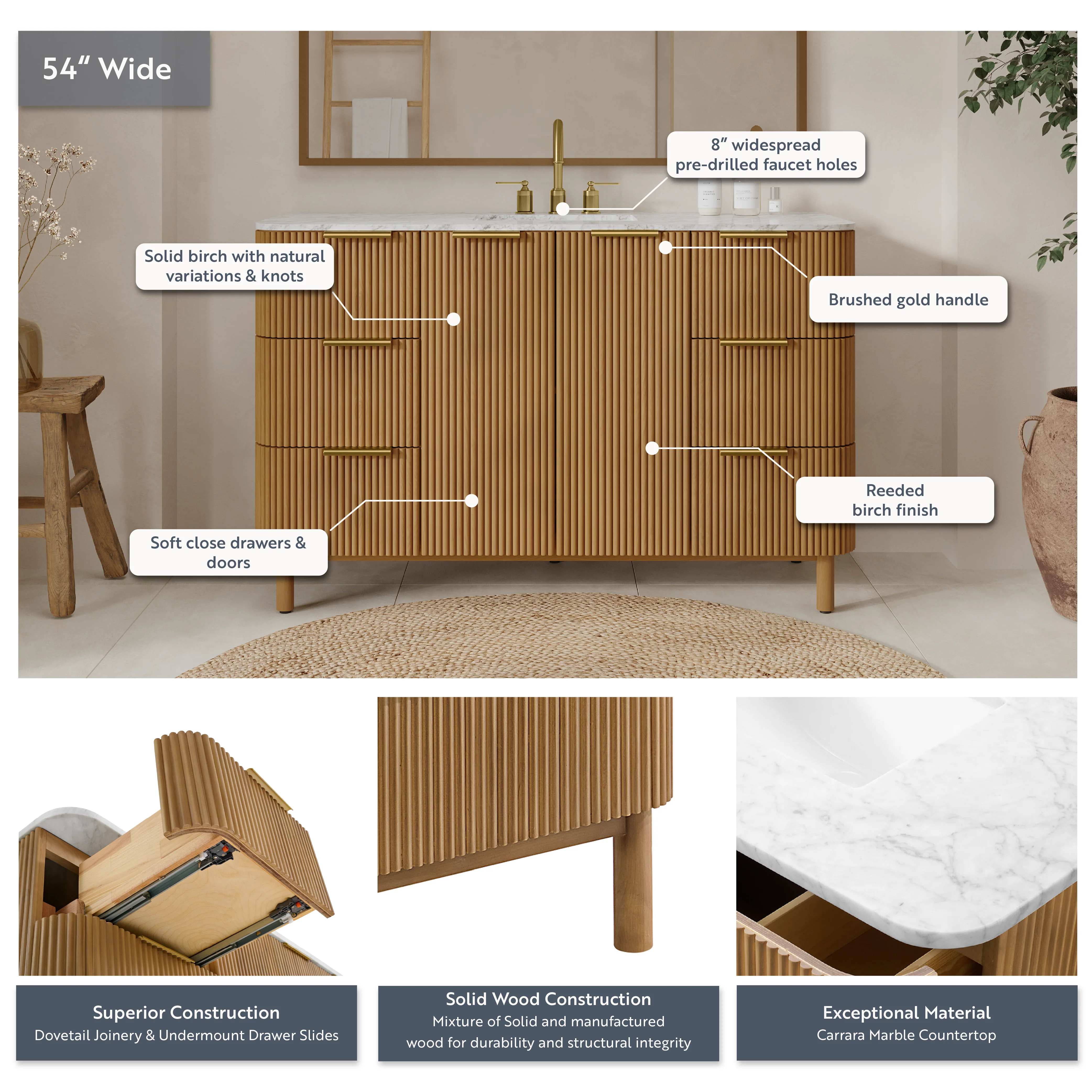 Havana 54" Single Bathroom Vanity in Reeded Birch | Carrara Marble Countertop - Image 4