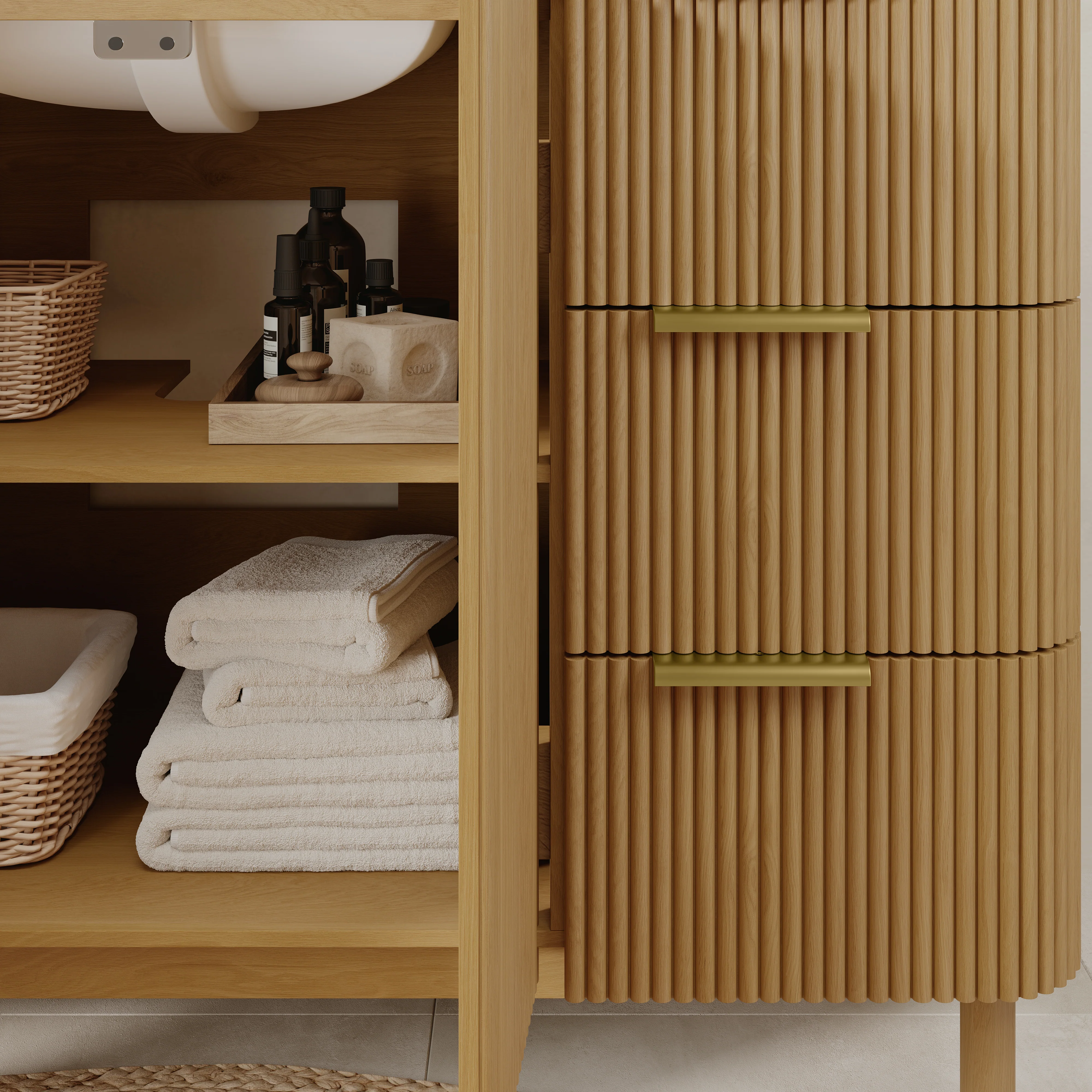 Havana 54" Single Bathroom Vanity in Reeded Birch | Carrara Marble Countertop - Image 7