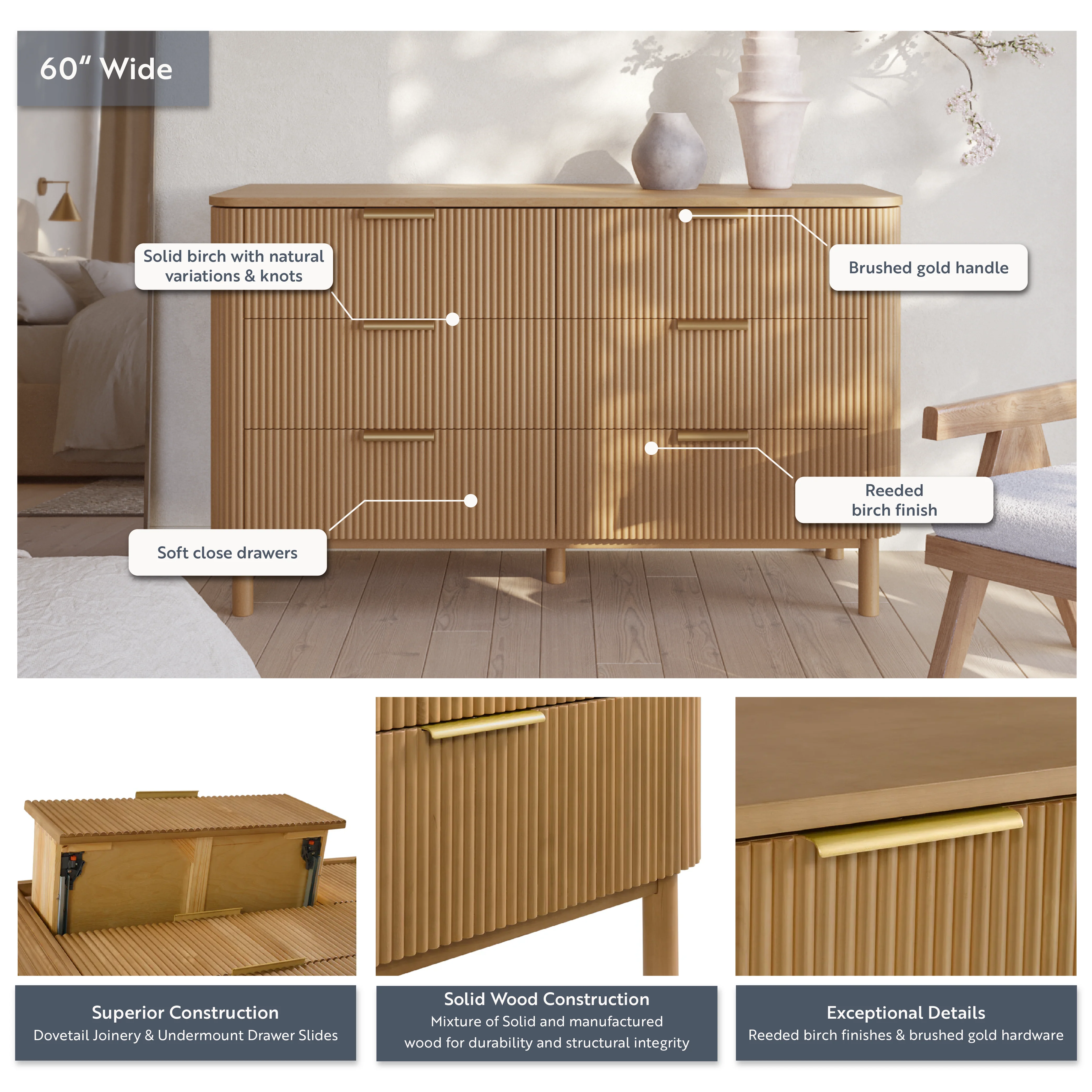 Havana 60" 6-Drawer Dresser in Reeded Birch - Image 4