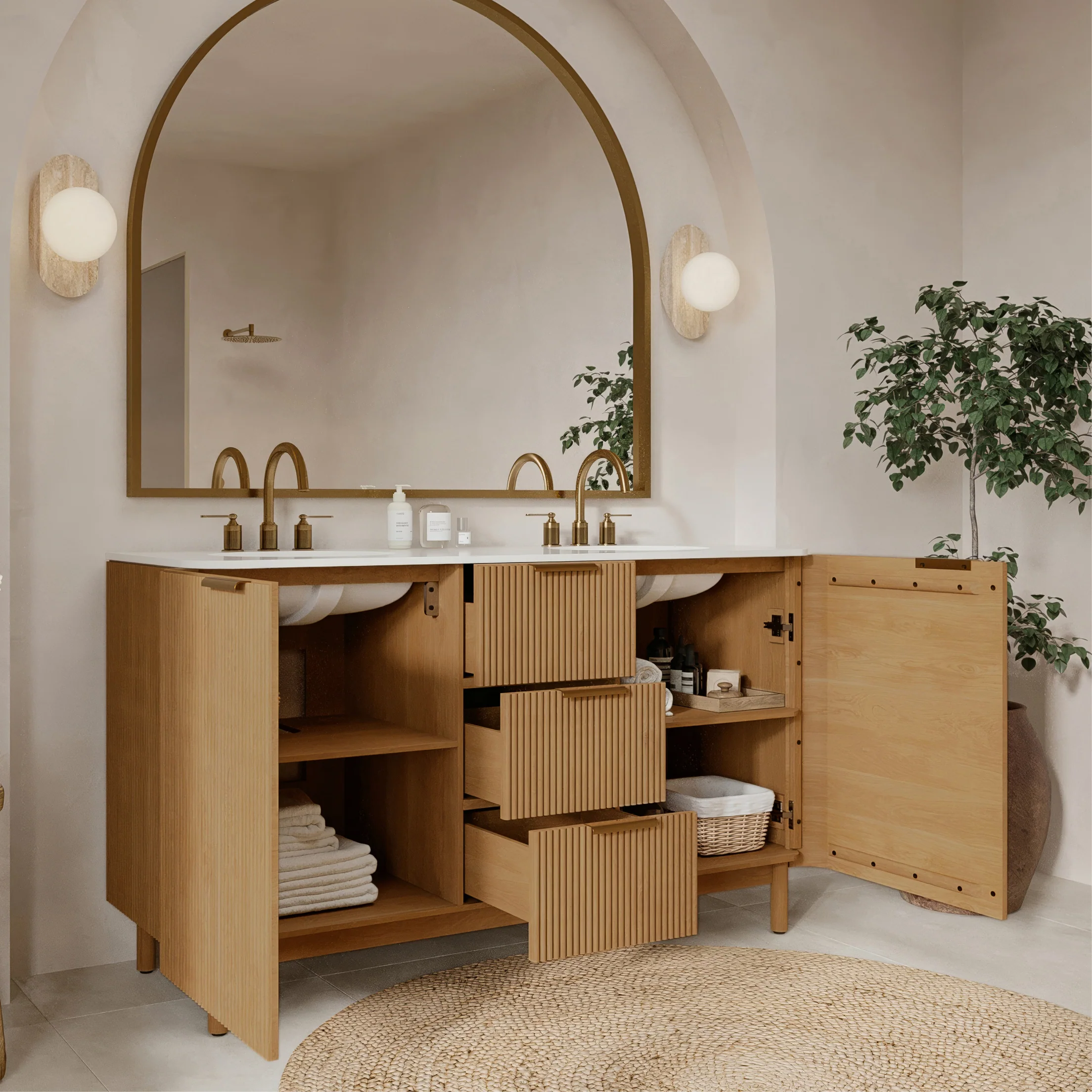 Havana 60" Double Bathroom Vanity in Reeded Birch | Quartz Countertop - Image 3
