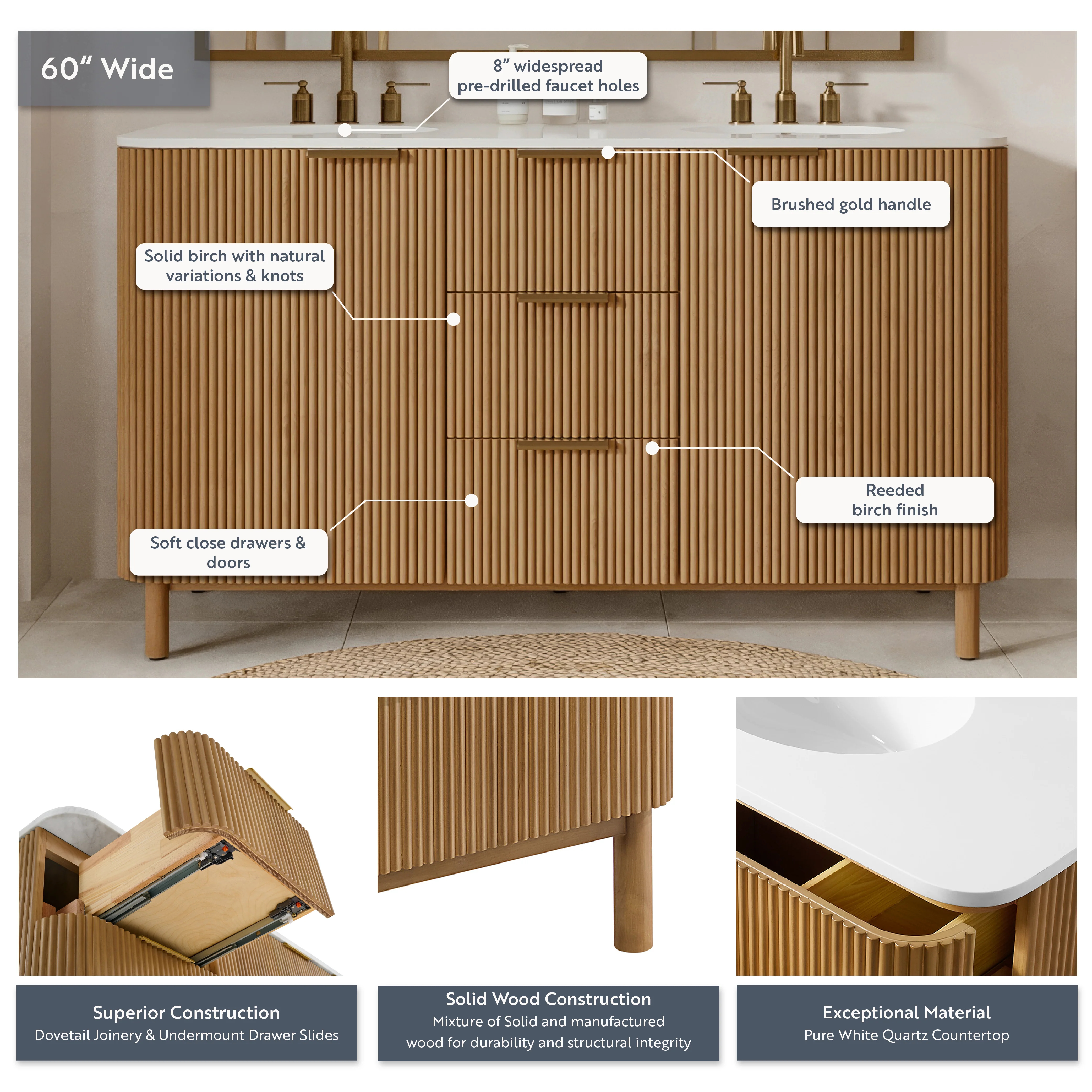 Havana 60" Double Bathroom Vanity in Reeded Birch | Quartz Countertop - Image 4