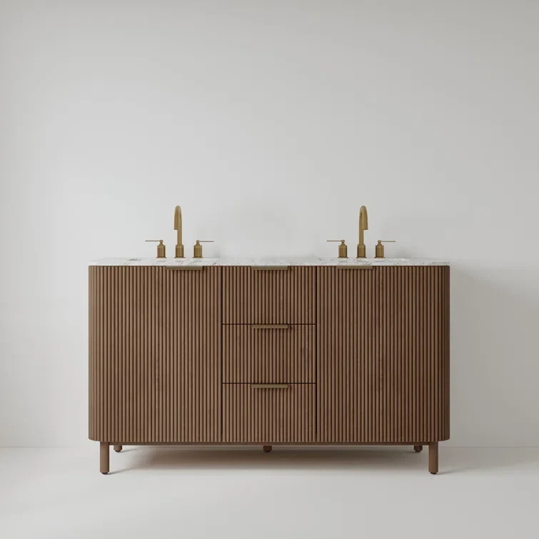 Havana 60" Double Bathroom Vanity in Brown Reeded Birch | Carrara Marble Countertop - Image 10