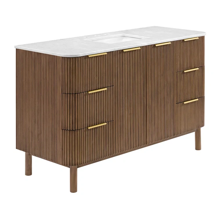 Havana 60" Double Bathroom Vanity in Brown Reeded Birch | Carrara Marble Countertop - Image 11