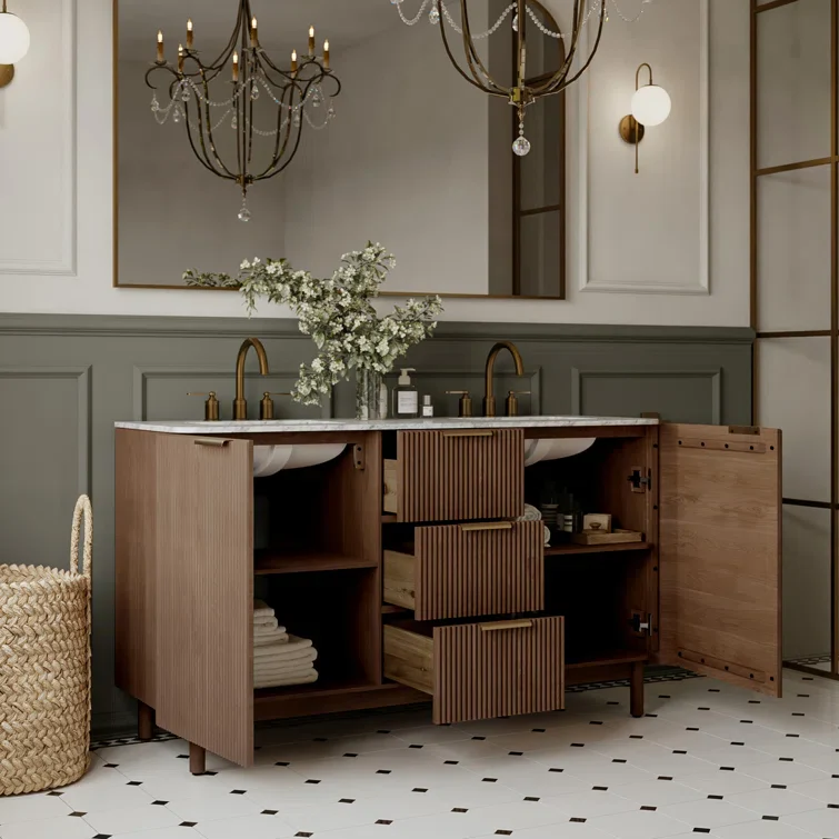 Havana 60" Double Bathroom Vanity in Brown Reeded Birch | Carrara Marble Countertop - Image 3