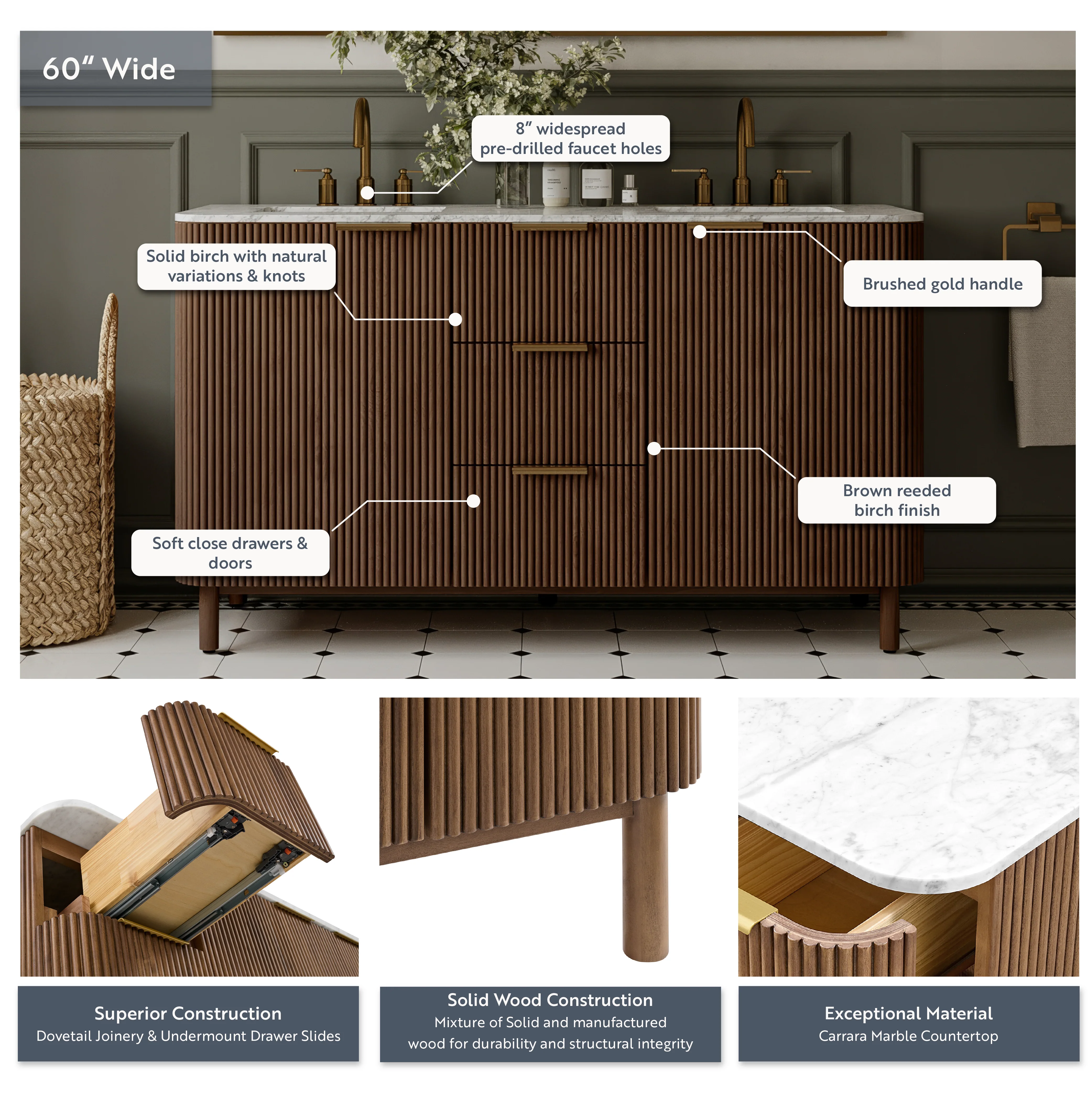 Havana 60" Double Bathroom Vanity in Brown Reeded Birch | Carrara Marble Countertop - Image 4