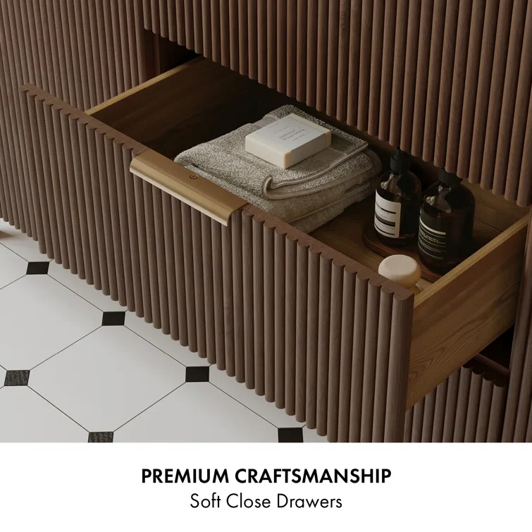 Havana 60" Double Bathroom Vanity in Brown Reeded Birch | Carrara Marble Countertop - Image 5