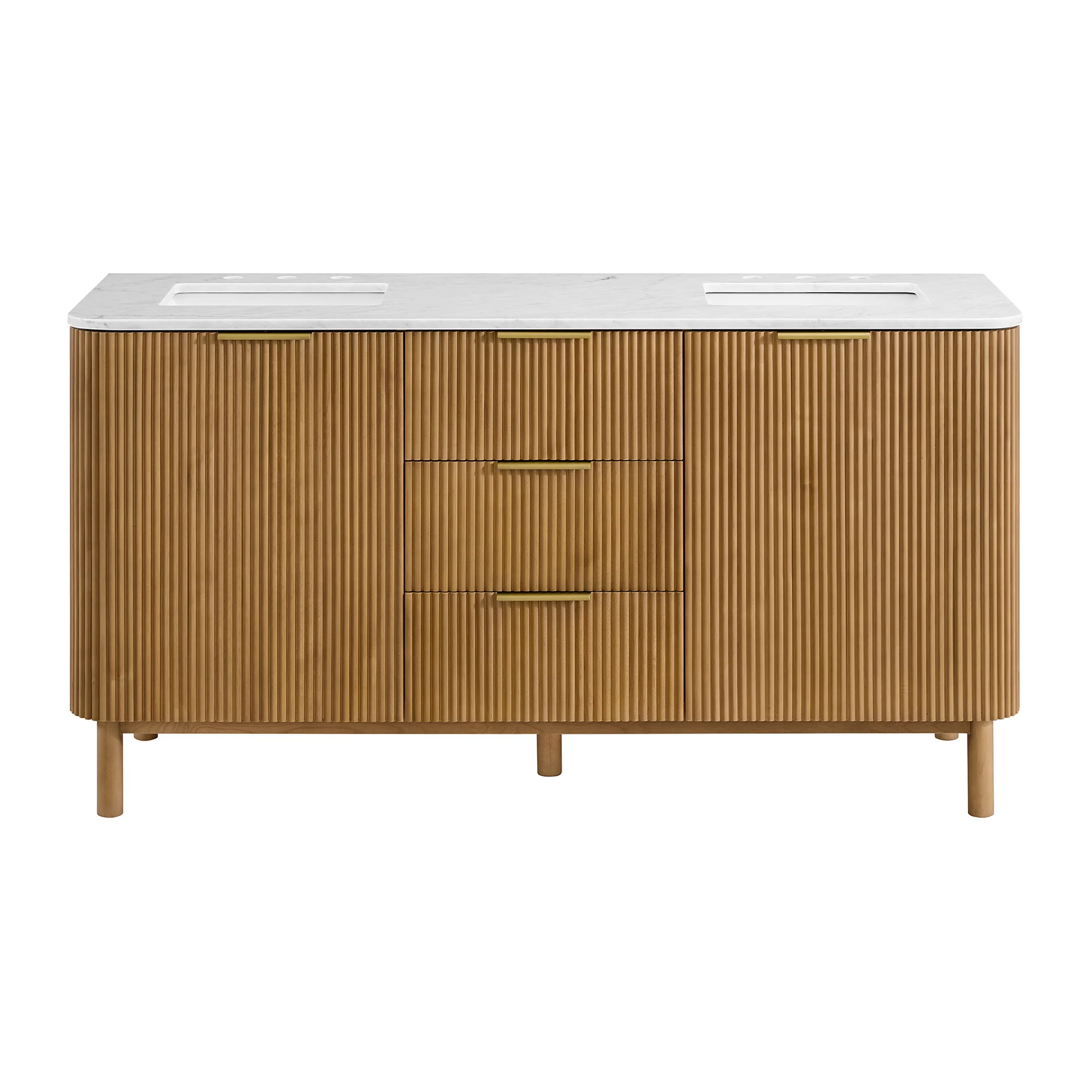 Havana 66" Double Bathroom Vanity in Reeded Birch | Carrara Marble Countertop - Image 14