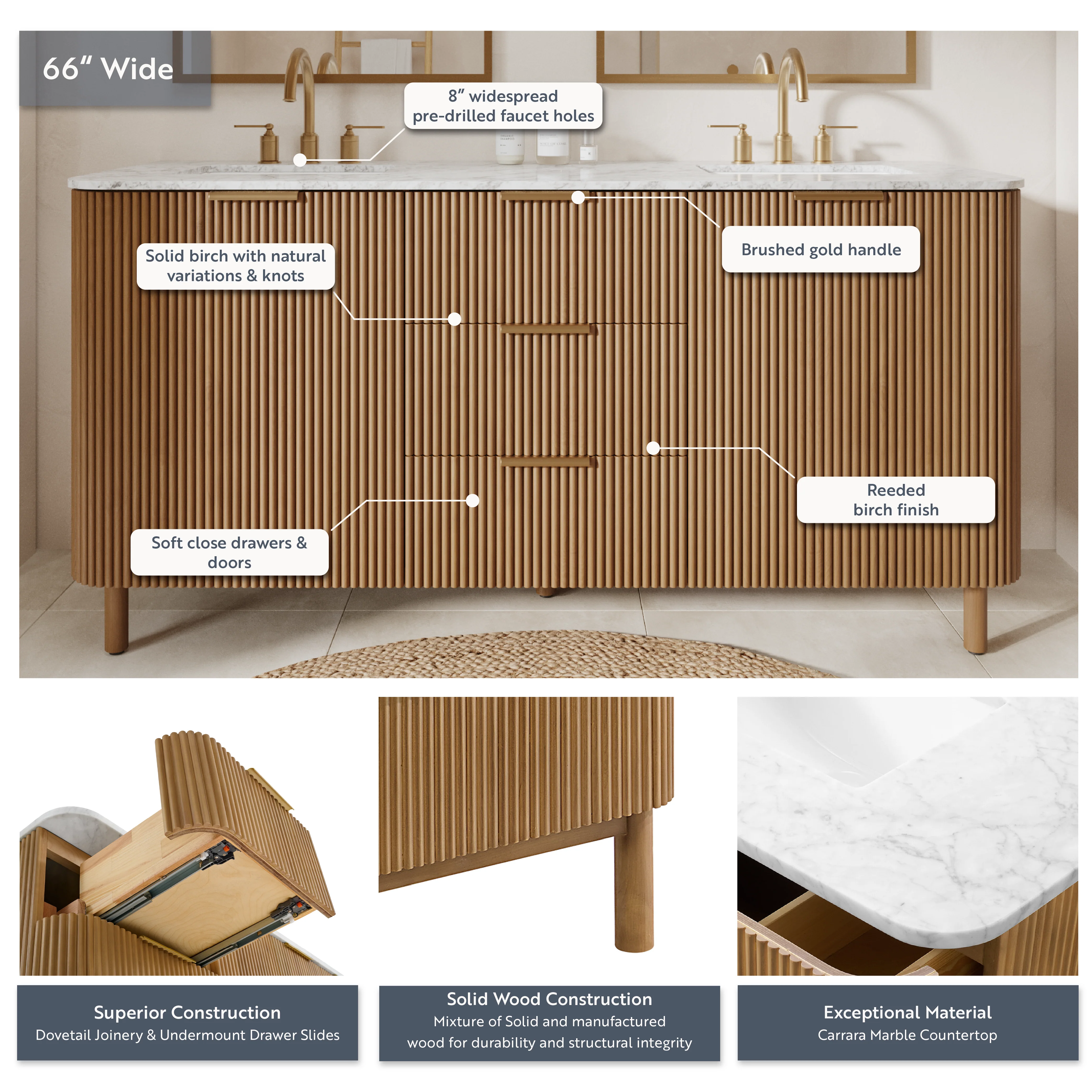 Havana 66" Double Bathroom Vanity in Reeded Birch | Carrara Marble Countertop - Image 4