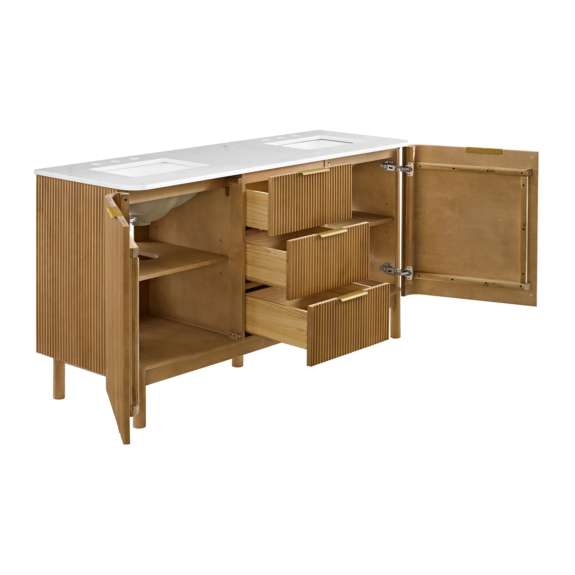Havana 66" Double Bathroom Vanity in Reeded Birch | Carrara Marble Countertop - Image 5