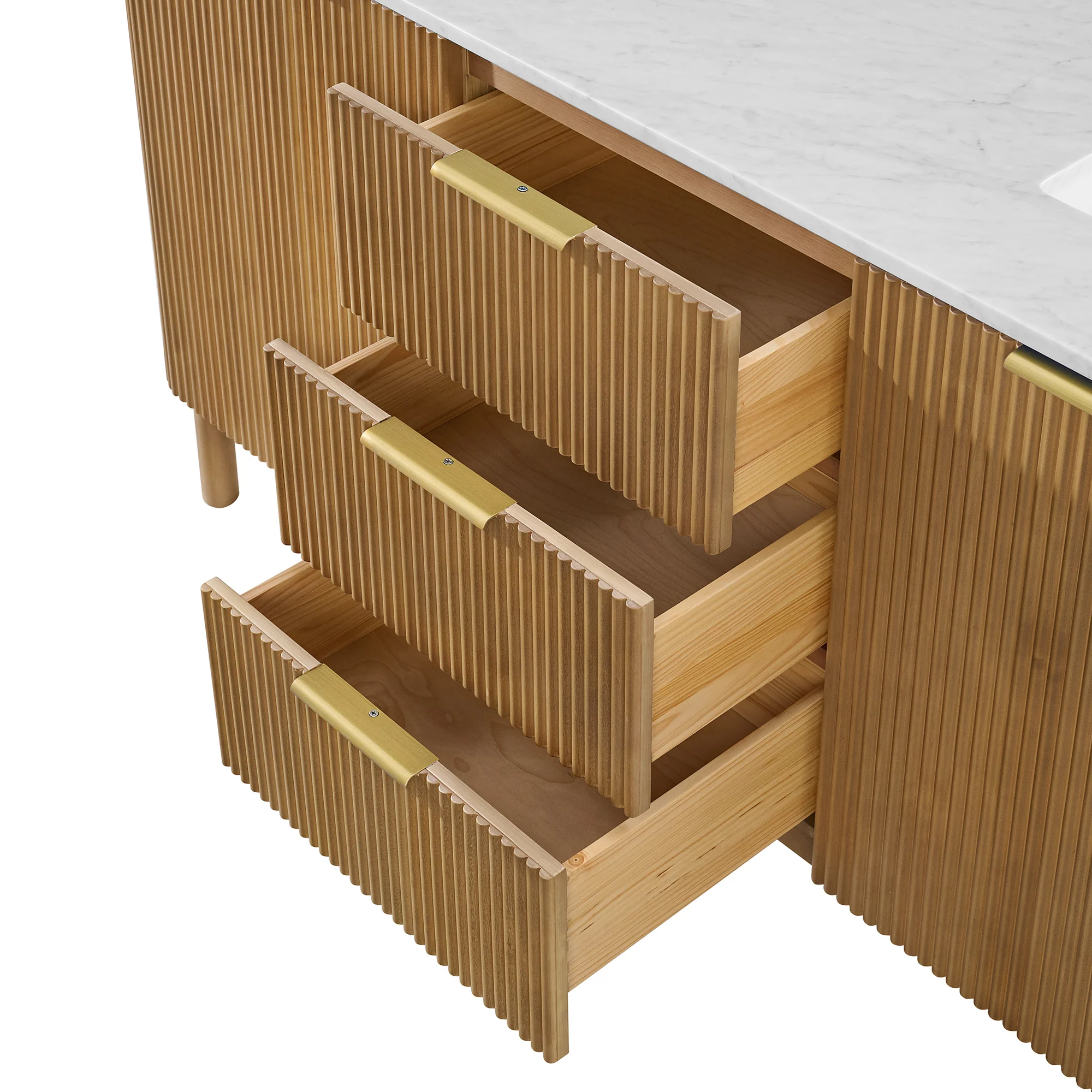 Havana 66" Double Bathroom Vanity in Reeded Birch | Carrara Marble Countertop - Image 7