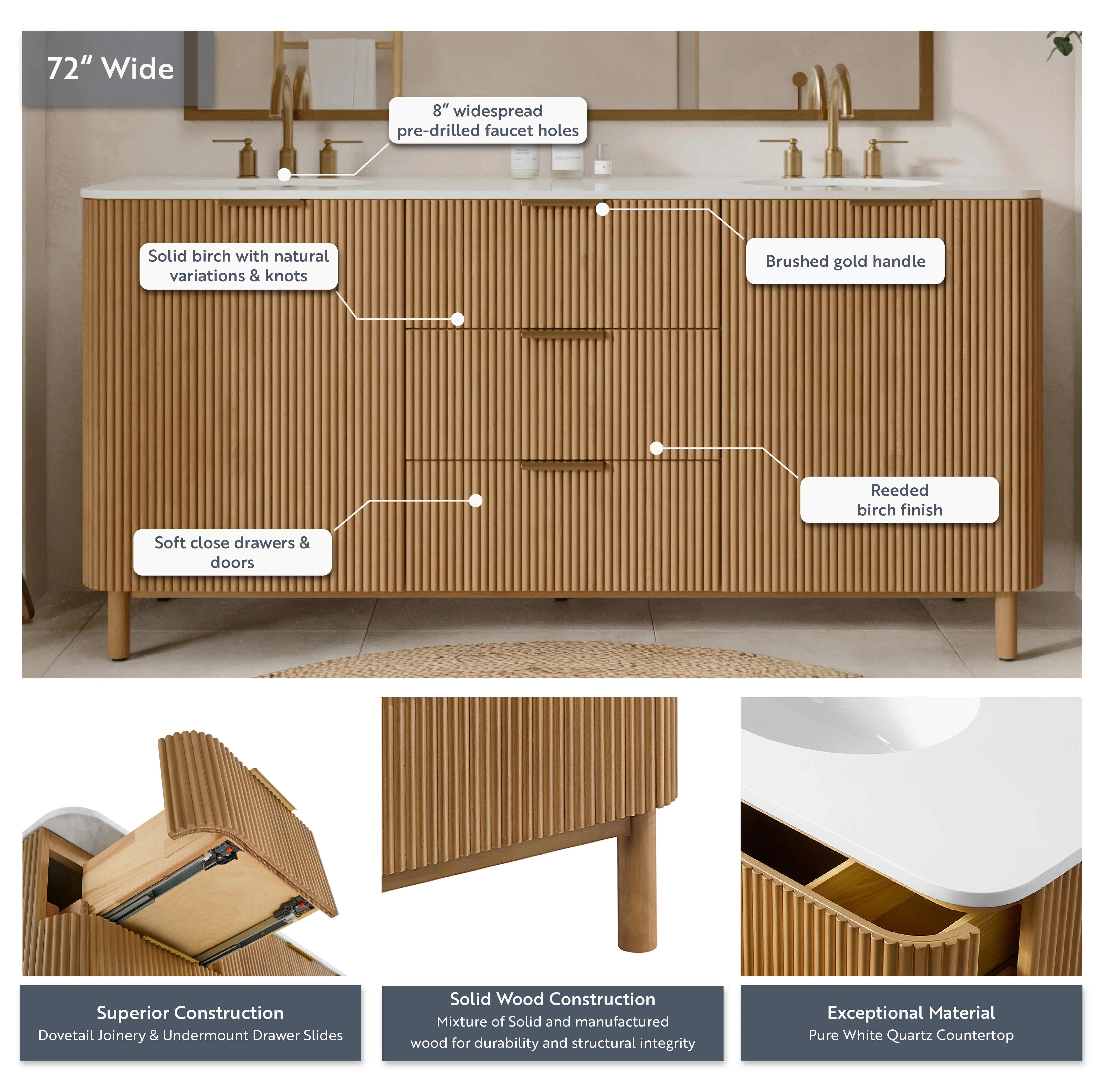 Havana 72" Double Bathroom Vanity in Reeded Birch | White Quartz Countertop - Image 3