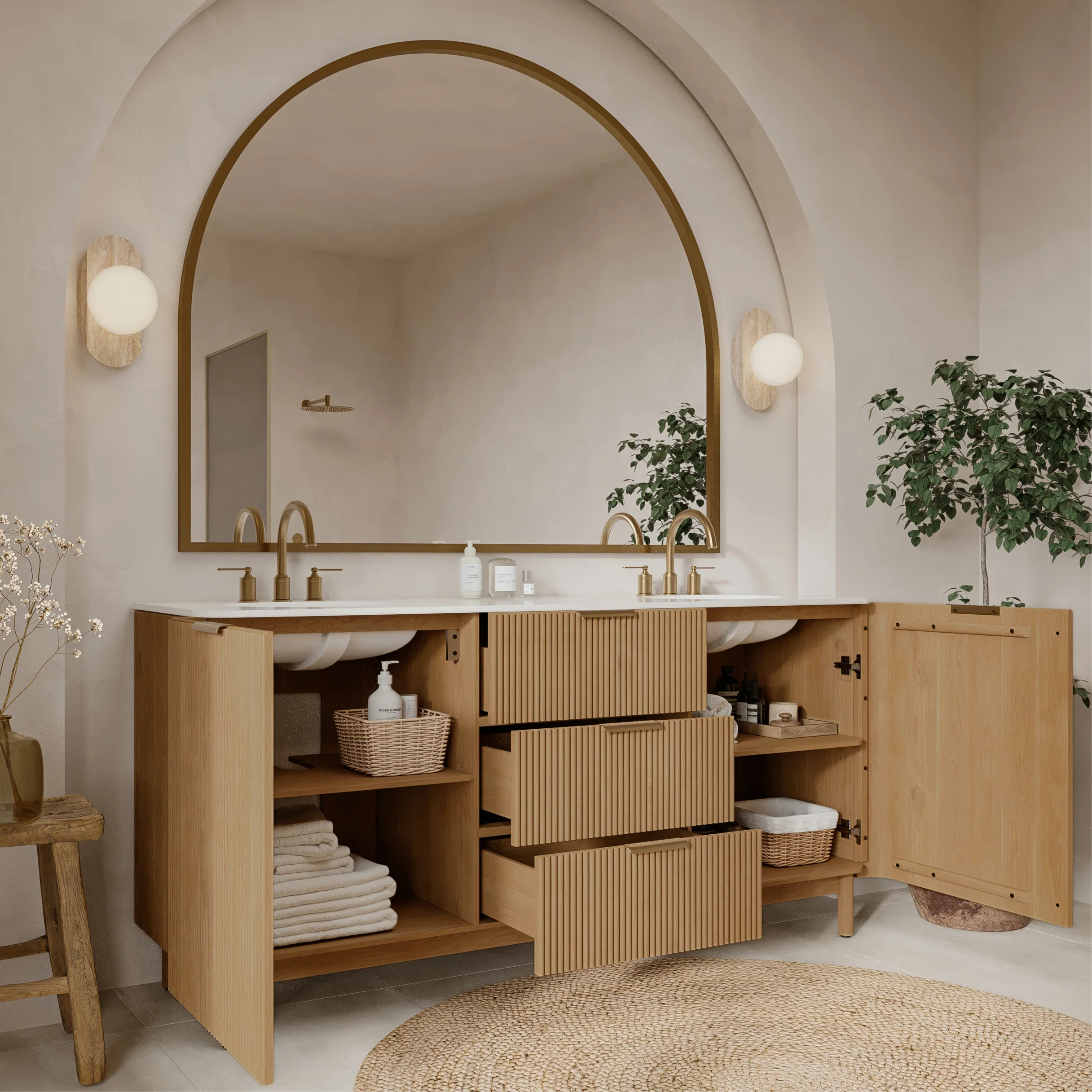 Havana 72" Double Bathroom Vanity in Reeded Birch | White Quartz Countertop - Image 4