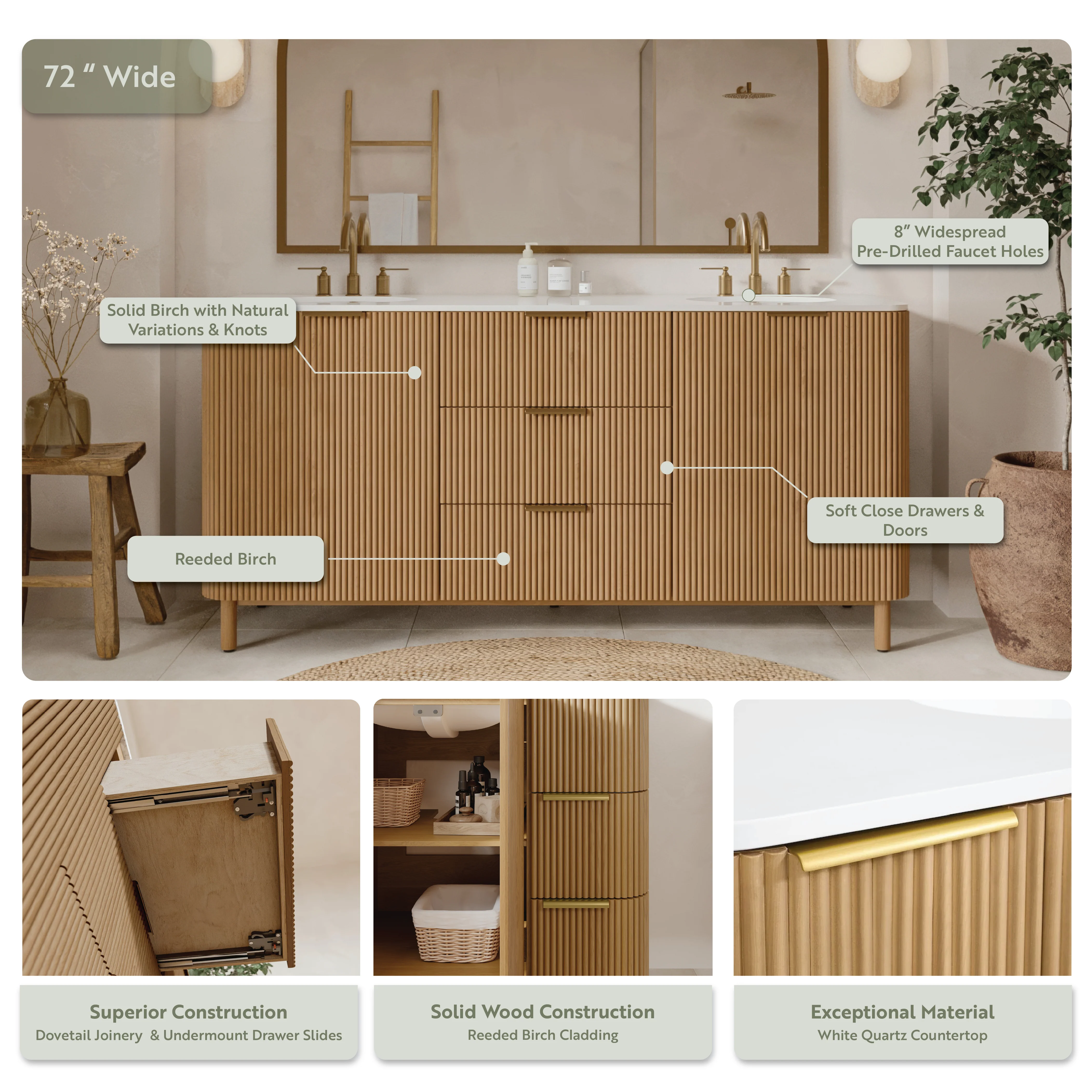 Havana 72" Double Bathroom Vanity in Reeded Birch | White Quartz Countertop - Image 5