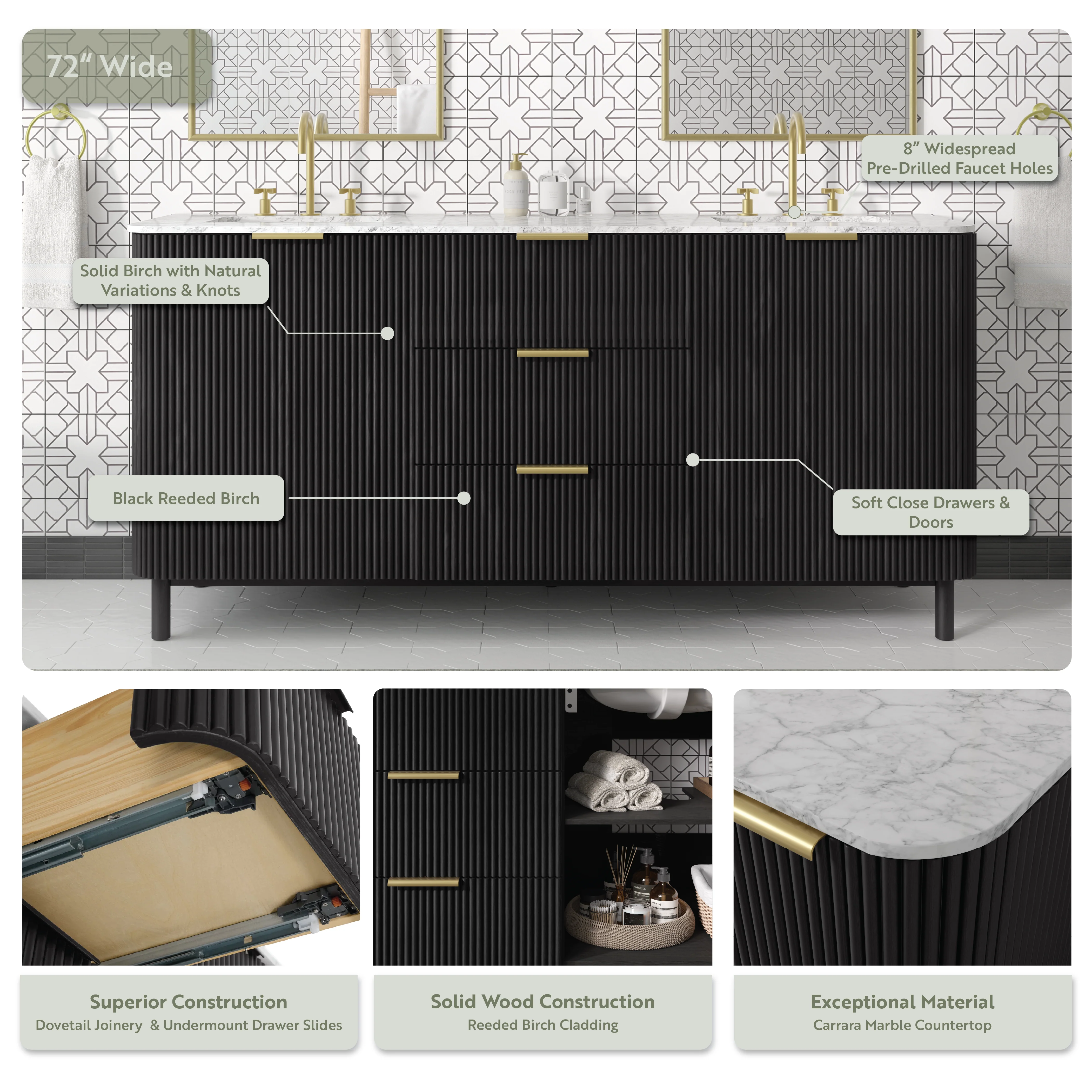 Havana 72" Double Bathroom Vanity in Black Reeded Birch | Carrara Marble Countertop - Image 12