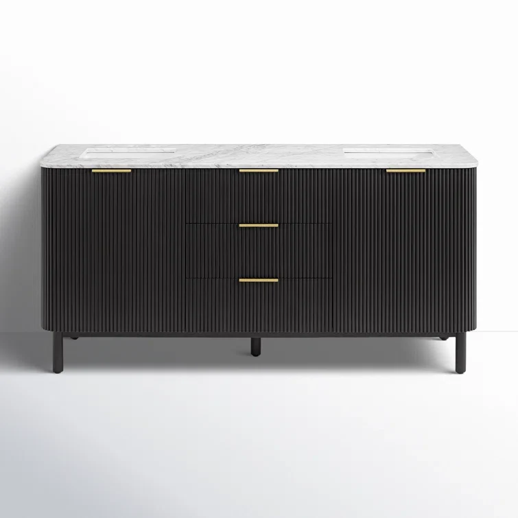 Havana 72" Double Bathroom Vanity in Black Reeded Birch | Carrara Marble Countertop - Image 16