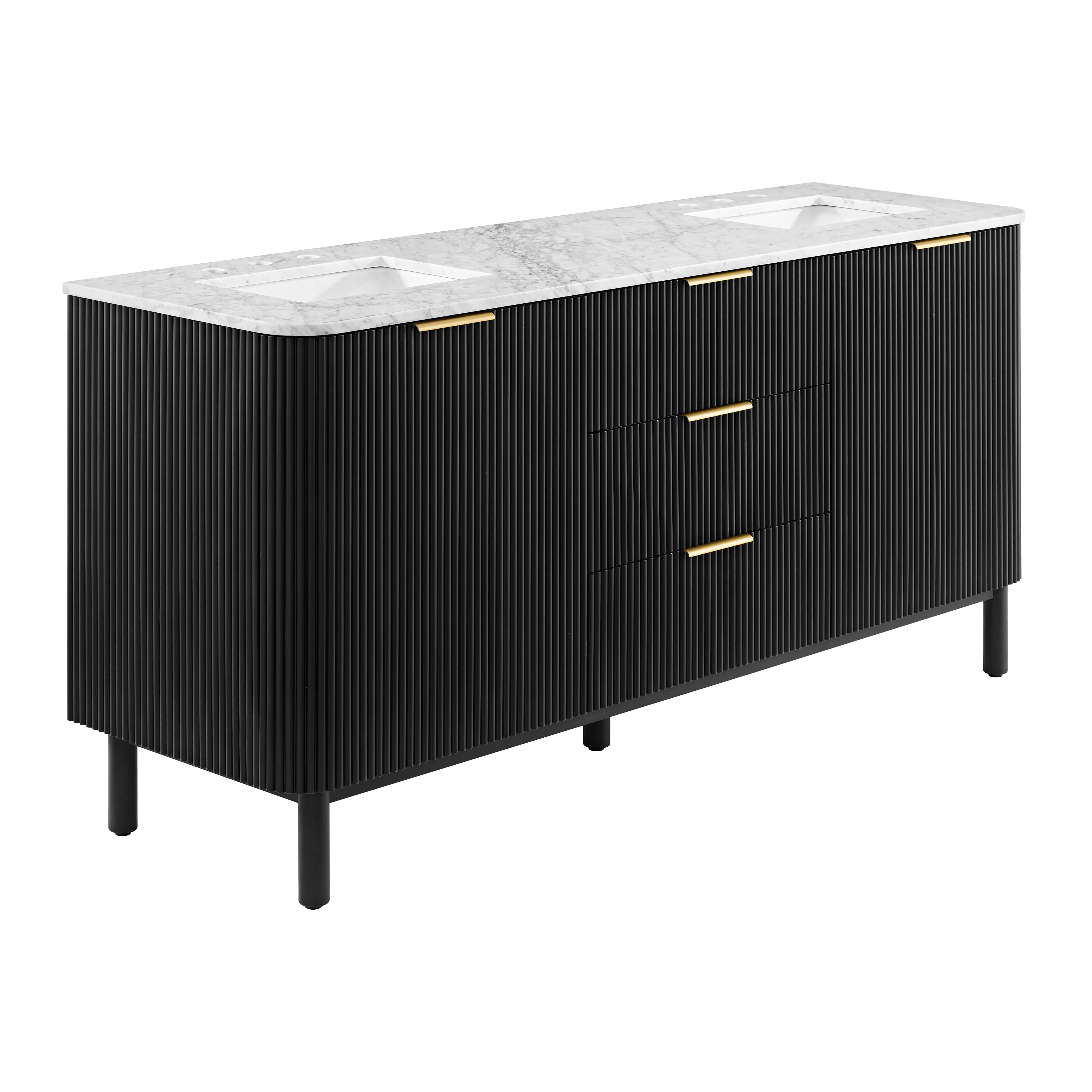 Havana 72" Double Bathroom Vanity in Black Reeded Birch | Carrara Marble Countertop - Image 17