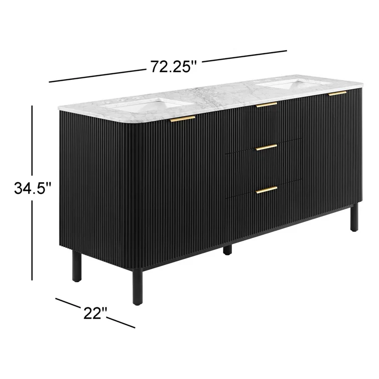Havana 72" Double Bathroom Vanity in Black Reeded Birch | Carrara Marble Countertop - Image 18