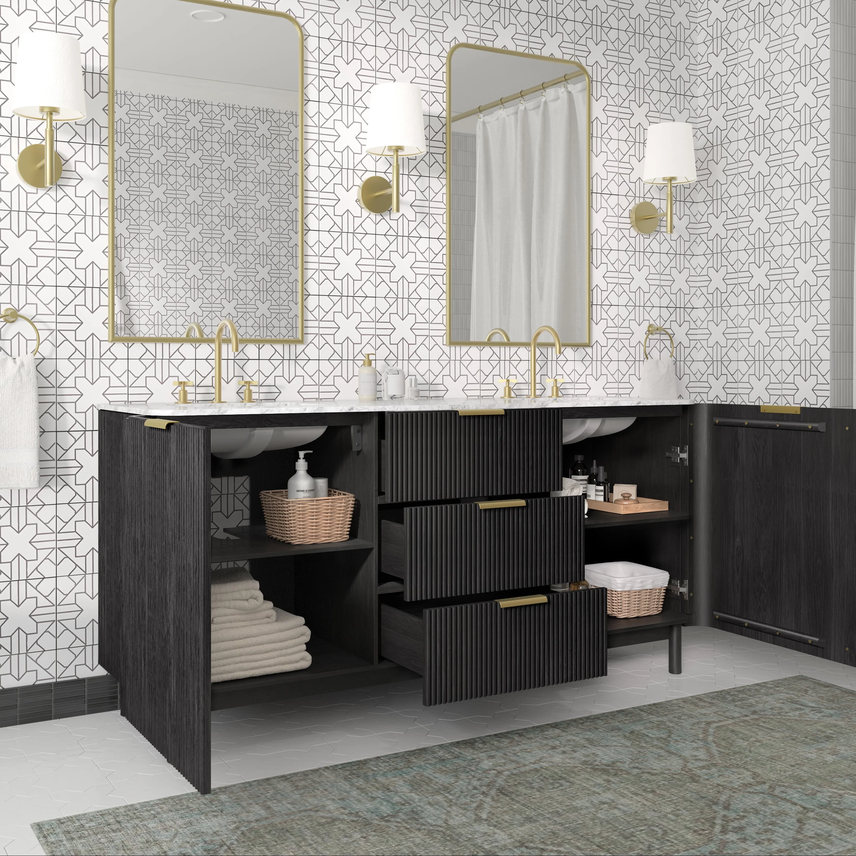 Havana 72" Double Bathroom Vanity in Black Reeded Birch | Carrara Marble Countertop - Image 3