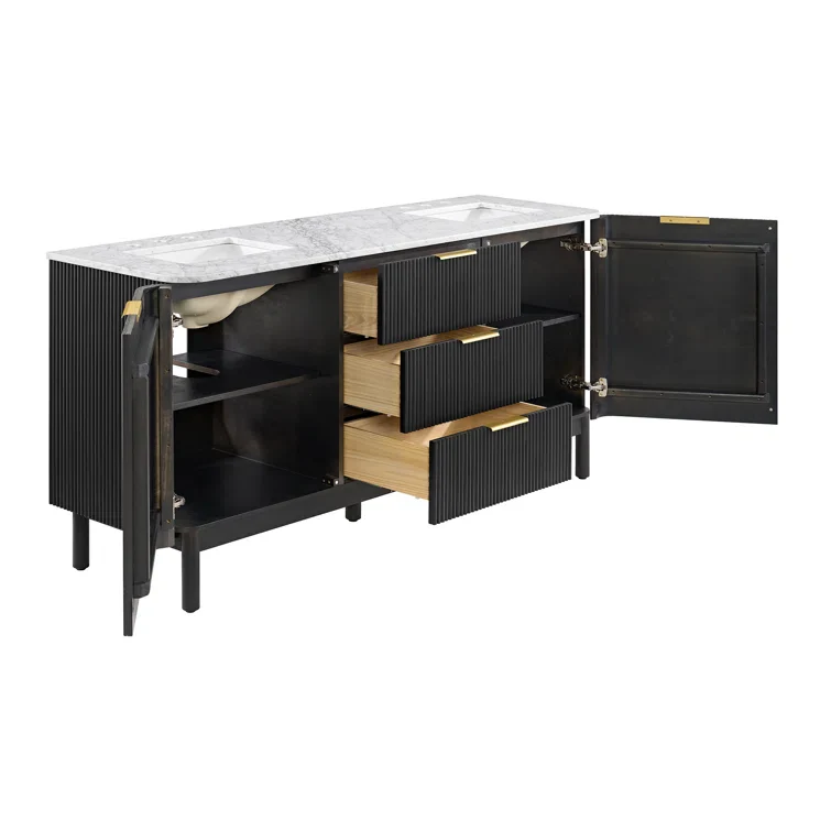 Havana 72" Double Bathroom Vanity in Black Reeded Birch | Carrara Marble Countertop - Image 4