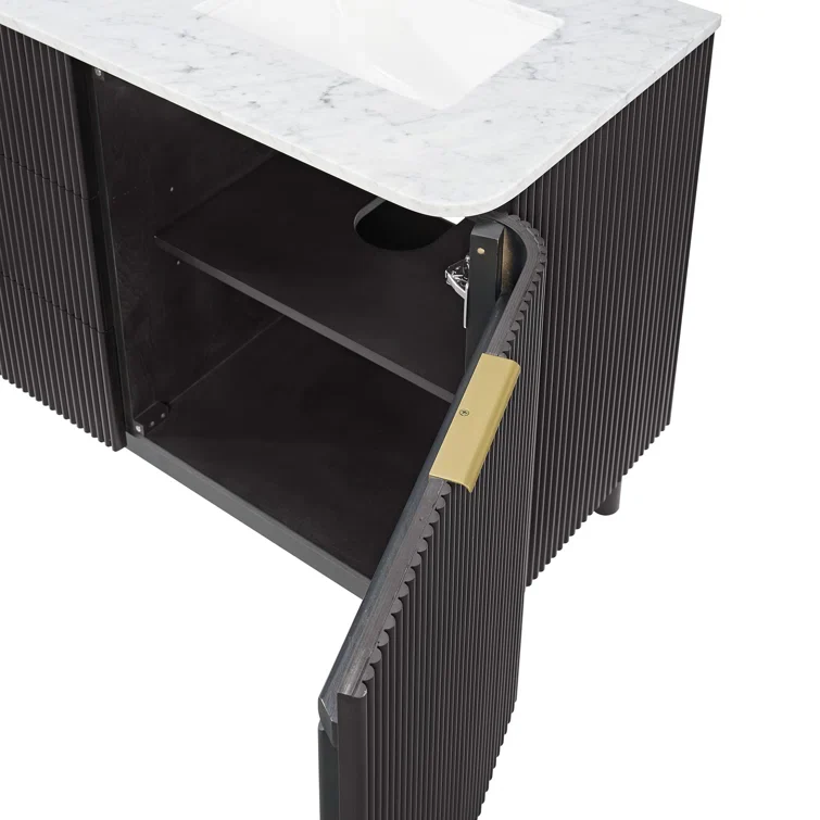 Havana 72" Double Bathroom Vanity in Black Reeded Birch | Carrara Marble Countertop - Image 5