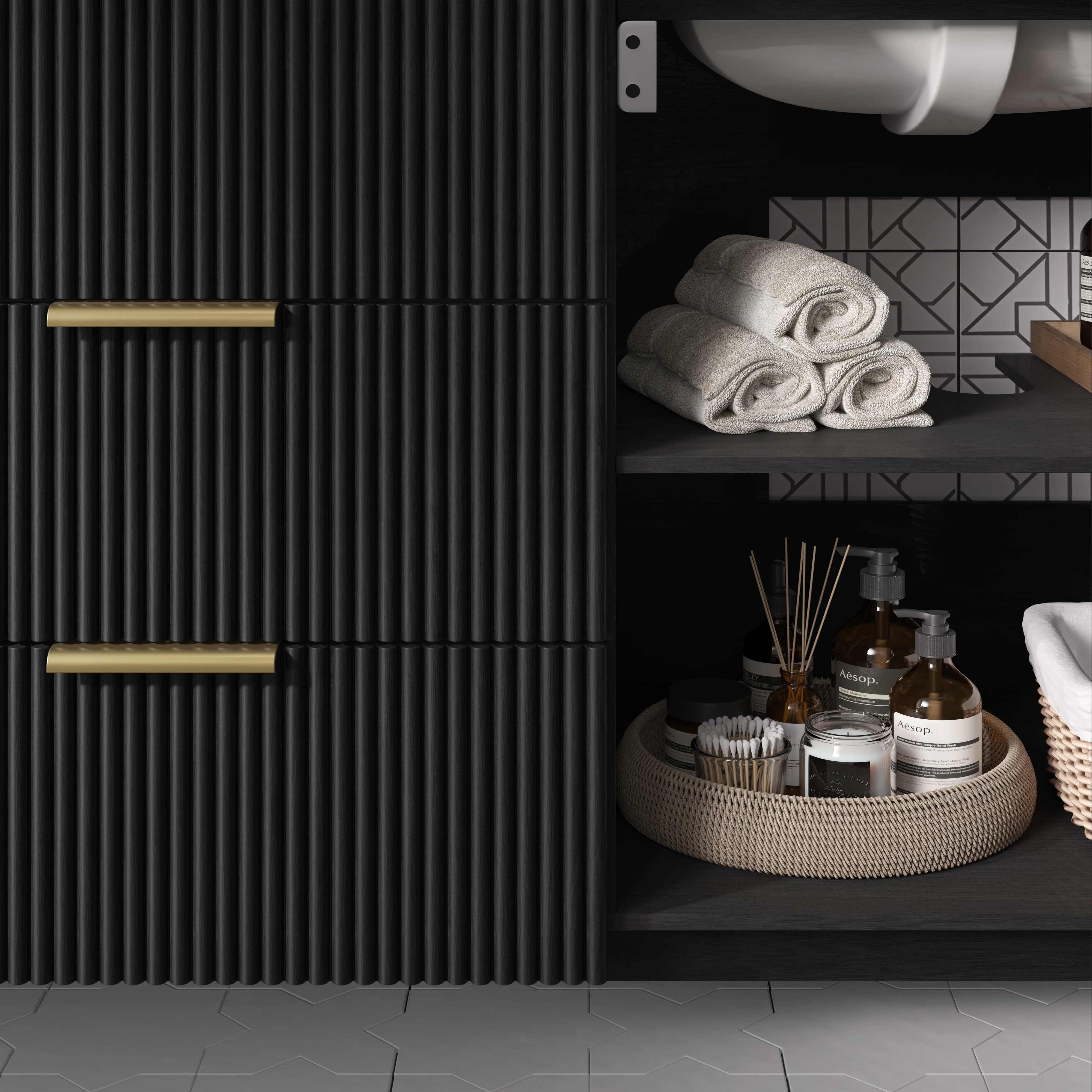 Havana 72" Double Bathroom Vanity in Black Reeded Birch | Carrara Marble Countertop - Image 6