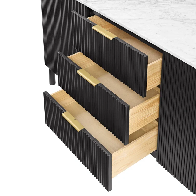 Havana 72" Double Bathroom Vanity in Black Reeded Birch | Carrara Marble Countertop - Image 9