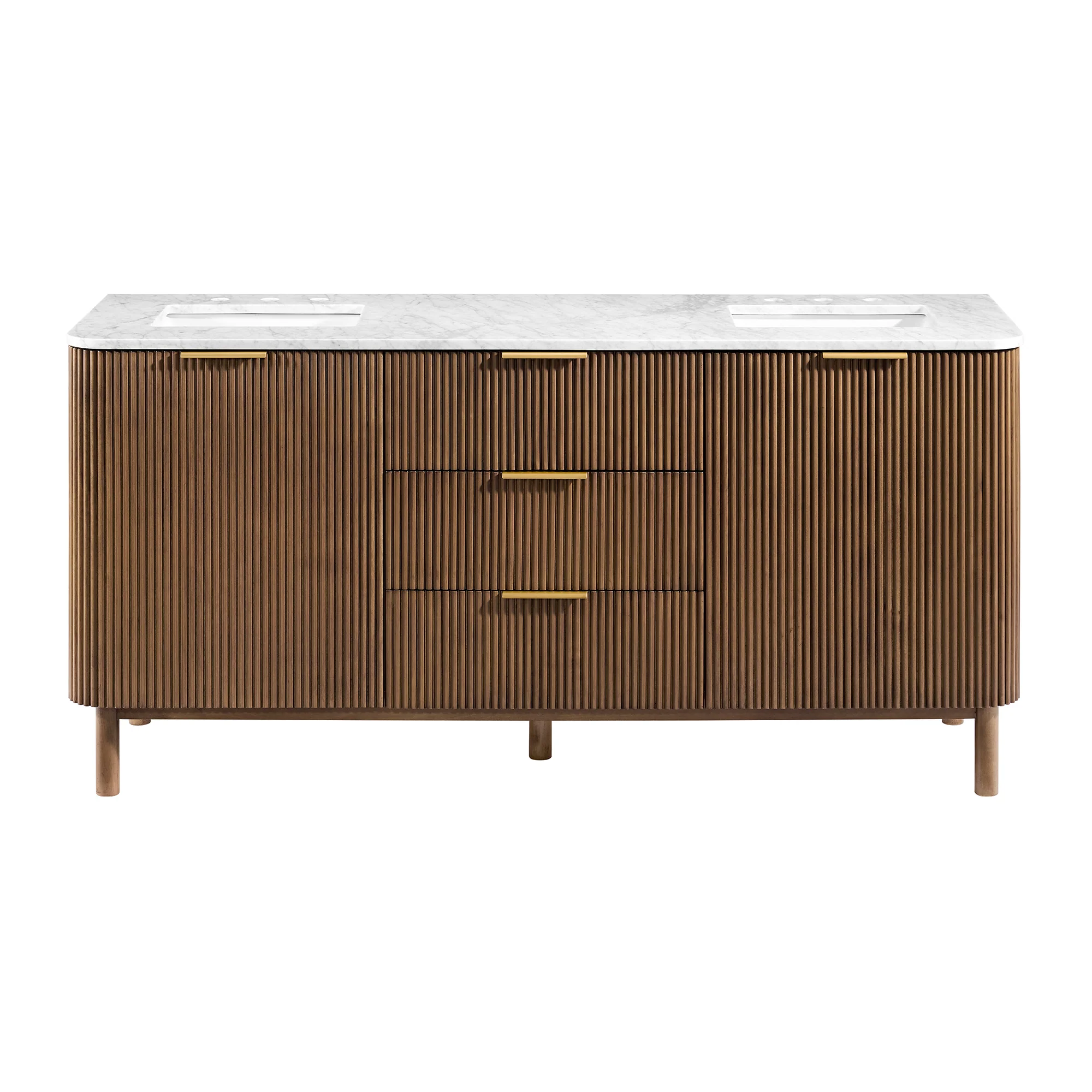 Havana 72" Double Bathroom Vanity in Brown Reeded Birch | Carrara Marble Countertop - Image 16