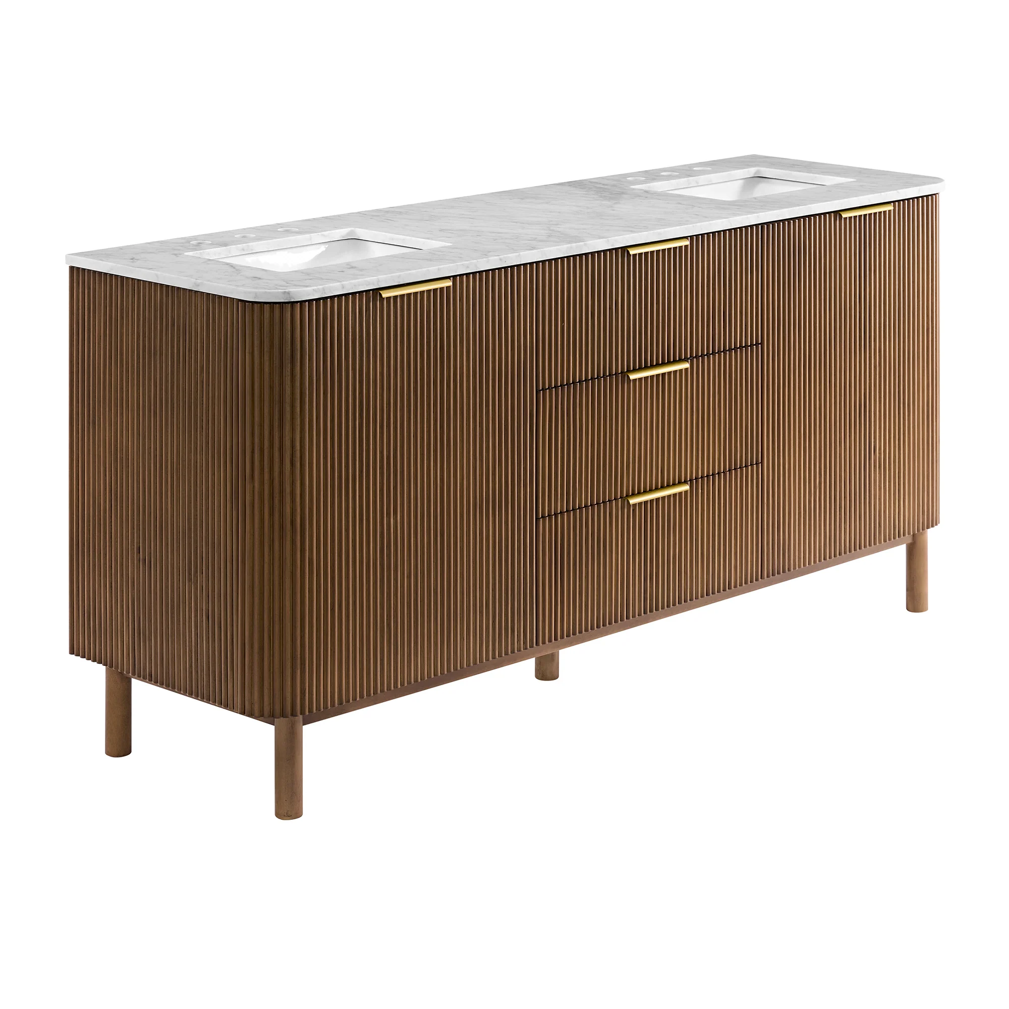 Havana 72" Double Bathroom Vanity in Brown Reeded Birch | Carrara Marble Countertop - Image 17