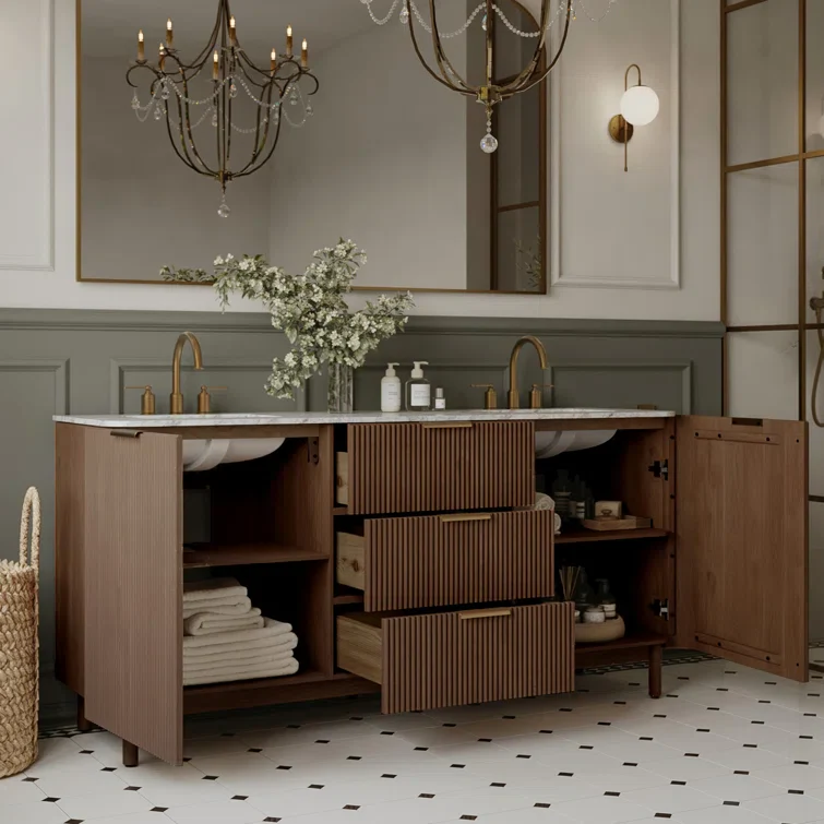 Havana 72" Double Bathroom Vanity in Brown Reeded Birch | Carrara Marble Countertop - Image 3
