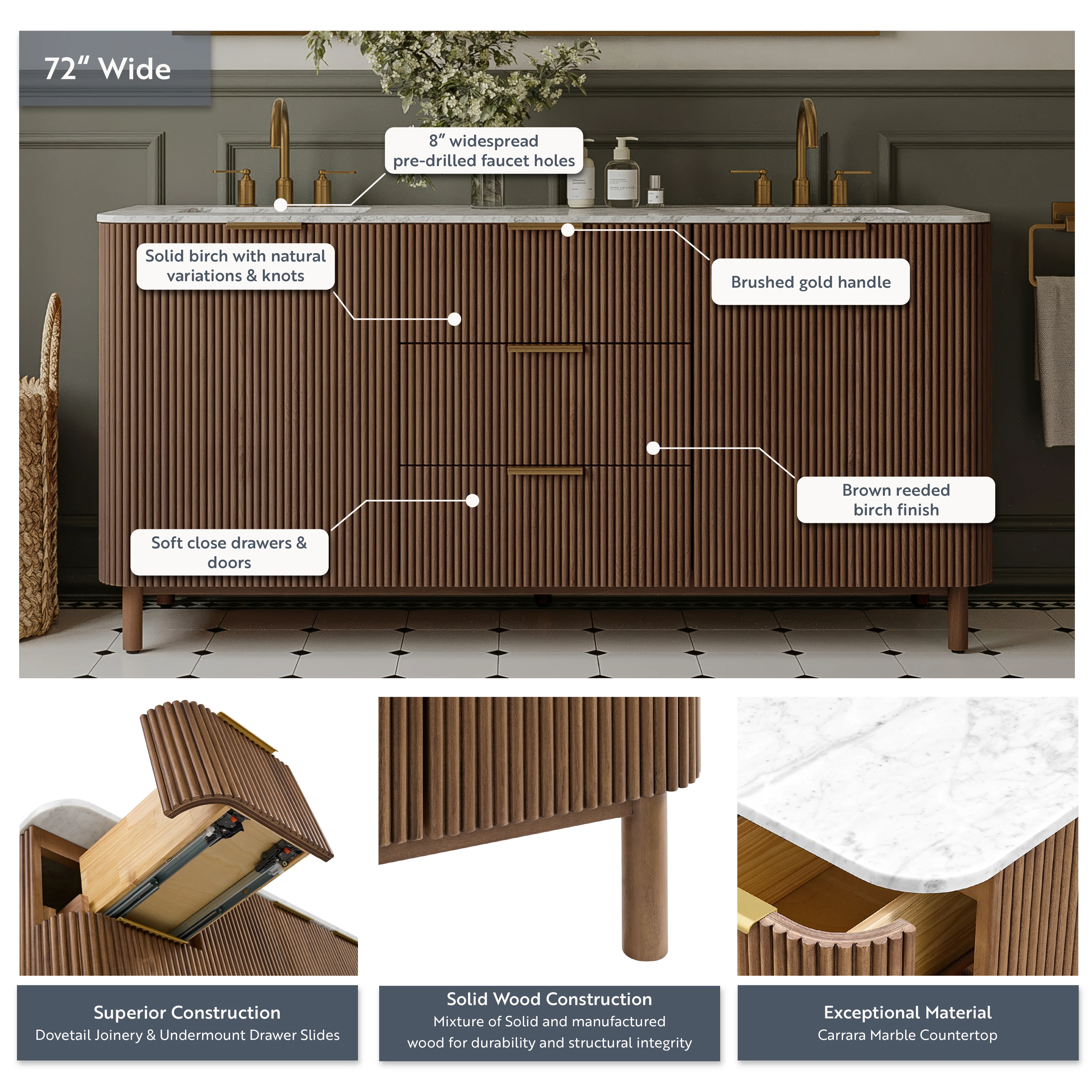 Havana 72" Double Bathroom Vanity in Brown Reeded Birch | Carrara Marble Countertop - Image 4