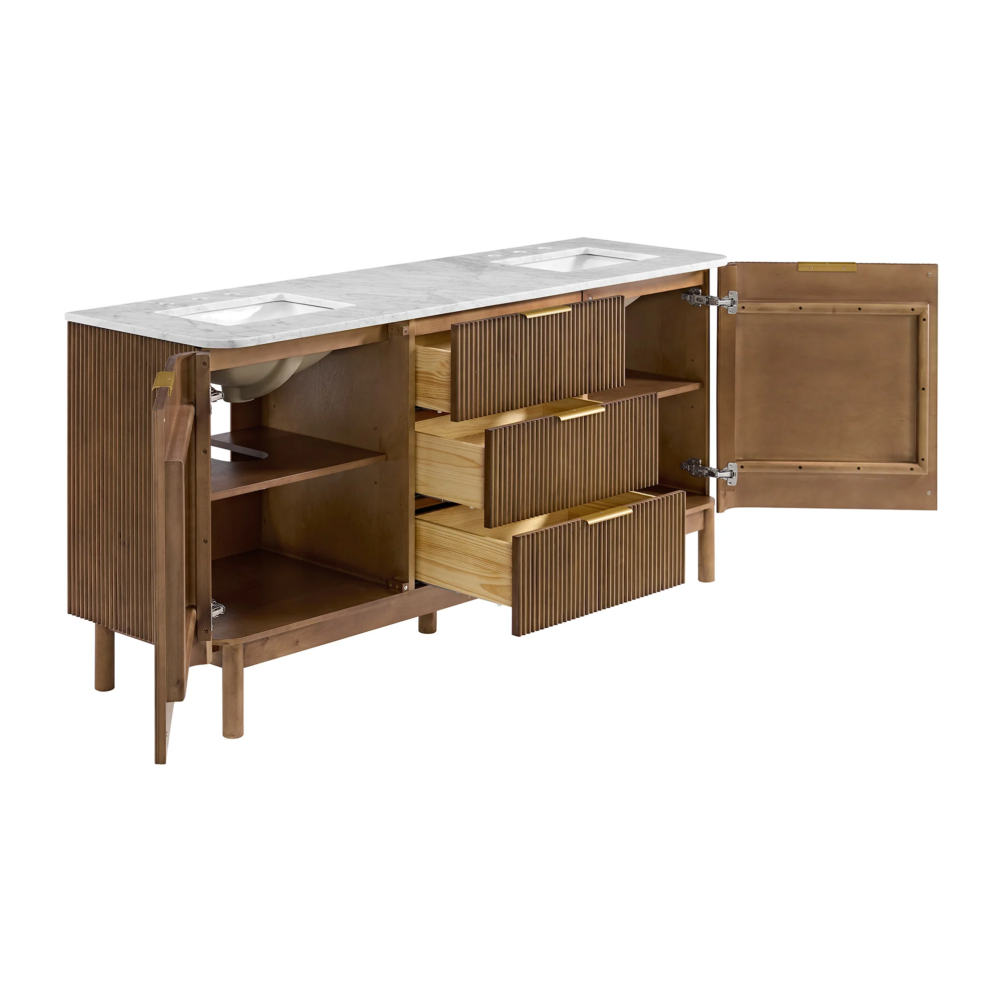 Havana 72" Double Bathroom Vanity in Brown Reeded Birch | Carrara Marble Countertop - Image 5