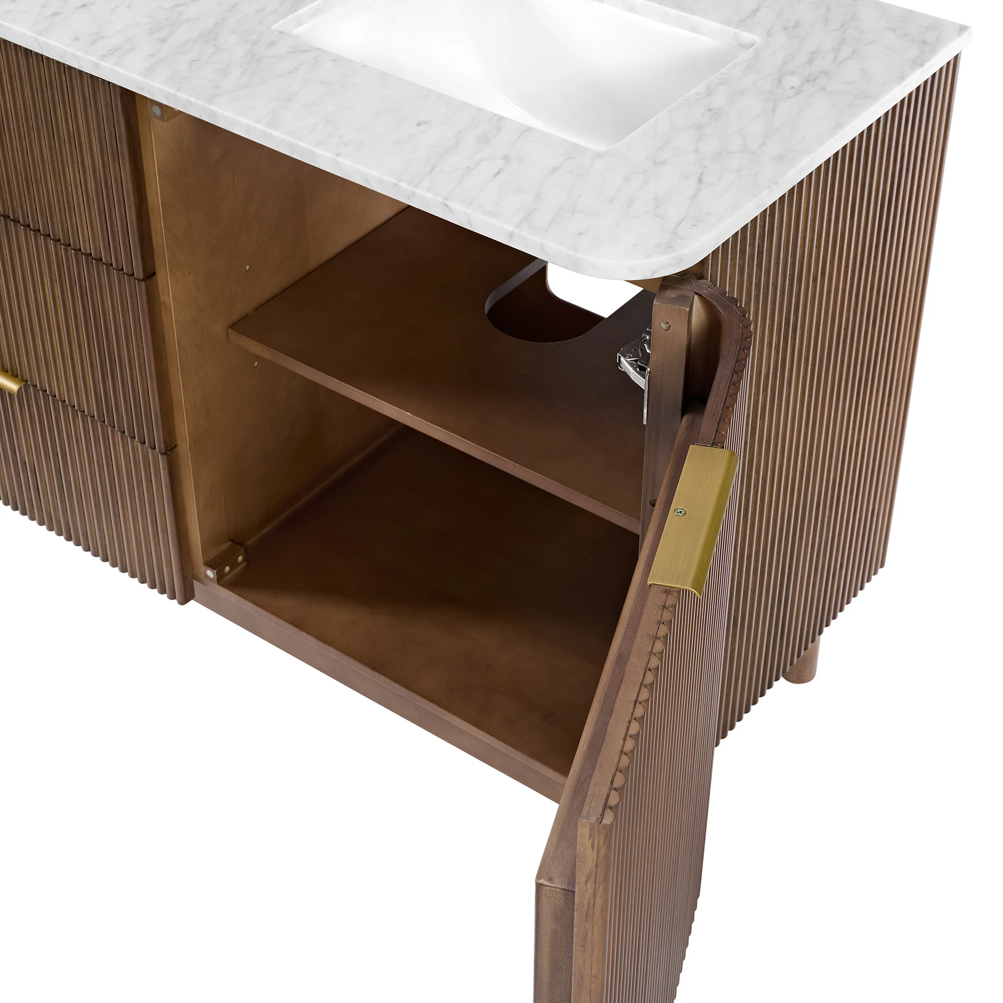 Havana 72" Double Bathroom Vanity in Brown Reeded Birch | Carrara Marble Countertop - Image 6
