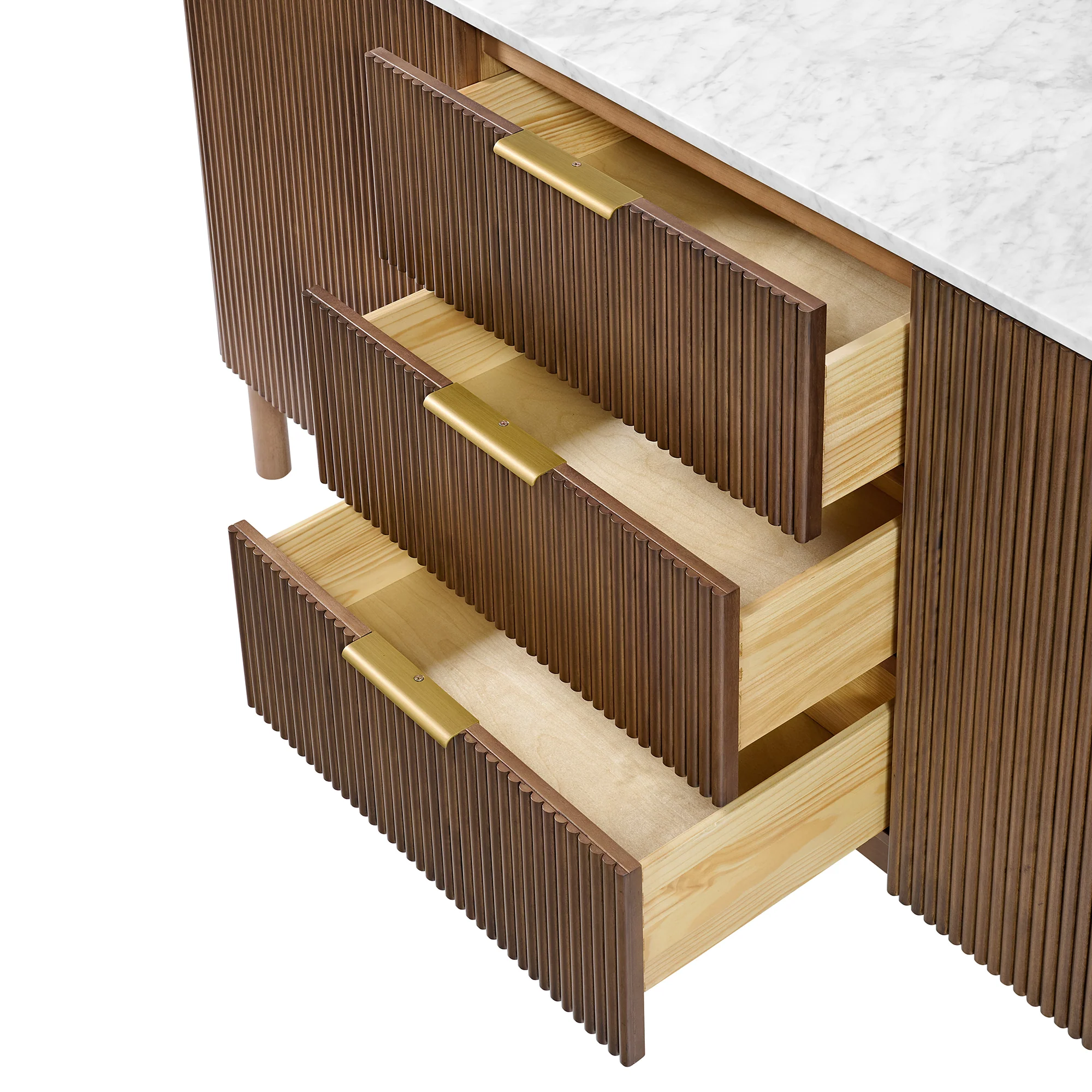 Havana 72" Double Bathroom Vanity in Brown Reeded Birch | Carrara Marble Countertop - Image 7