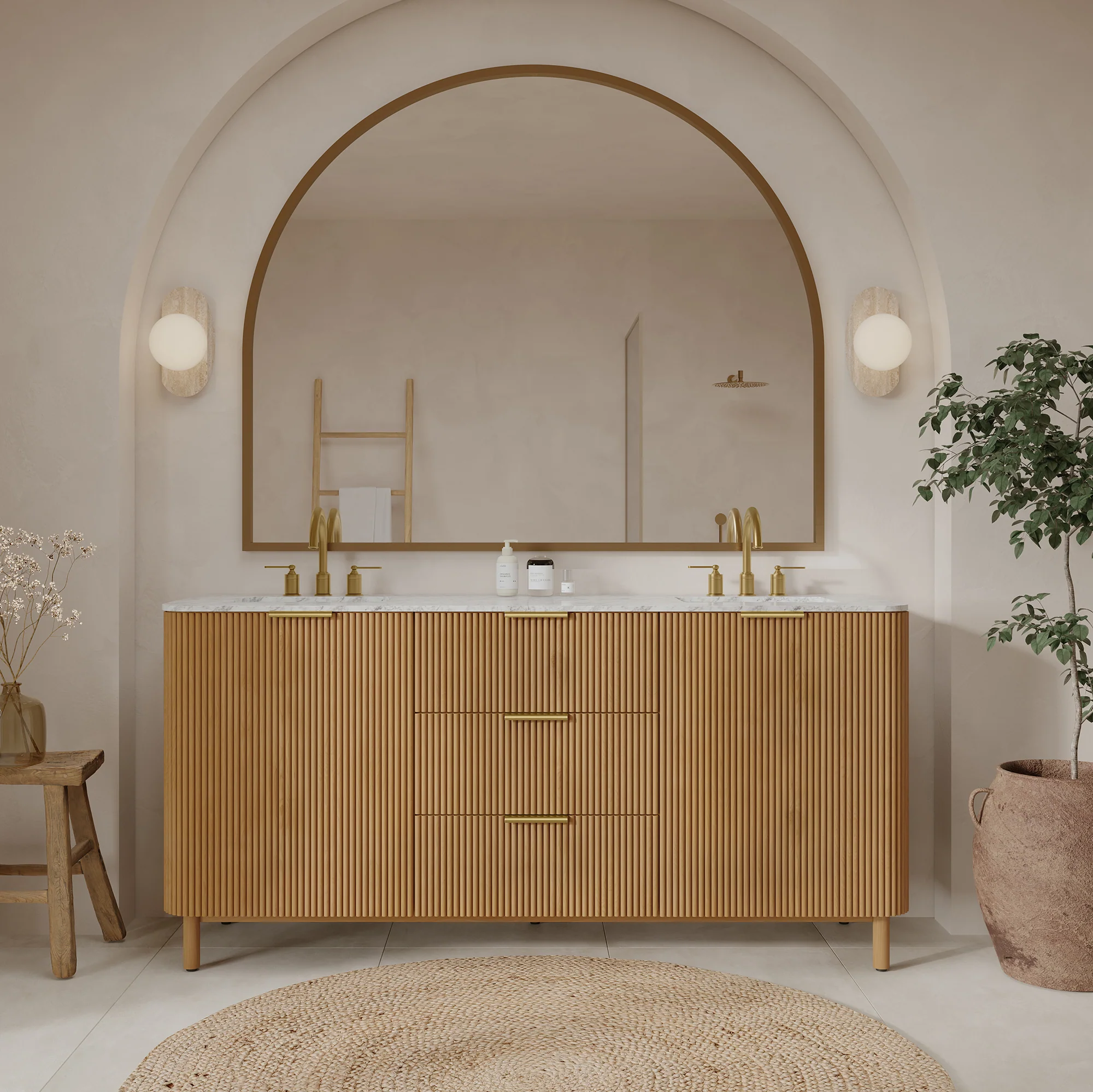Havana 72" Double Bathroom Vanity in Reeded Birch | Carrara Marble Countertop