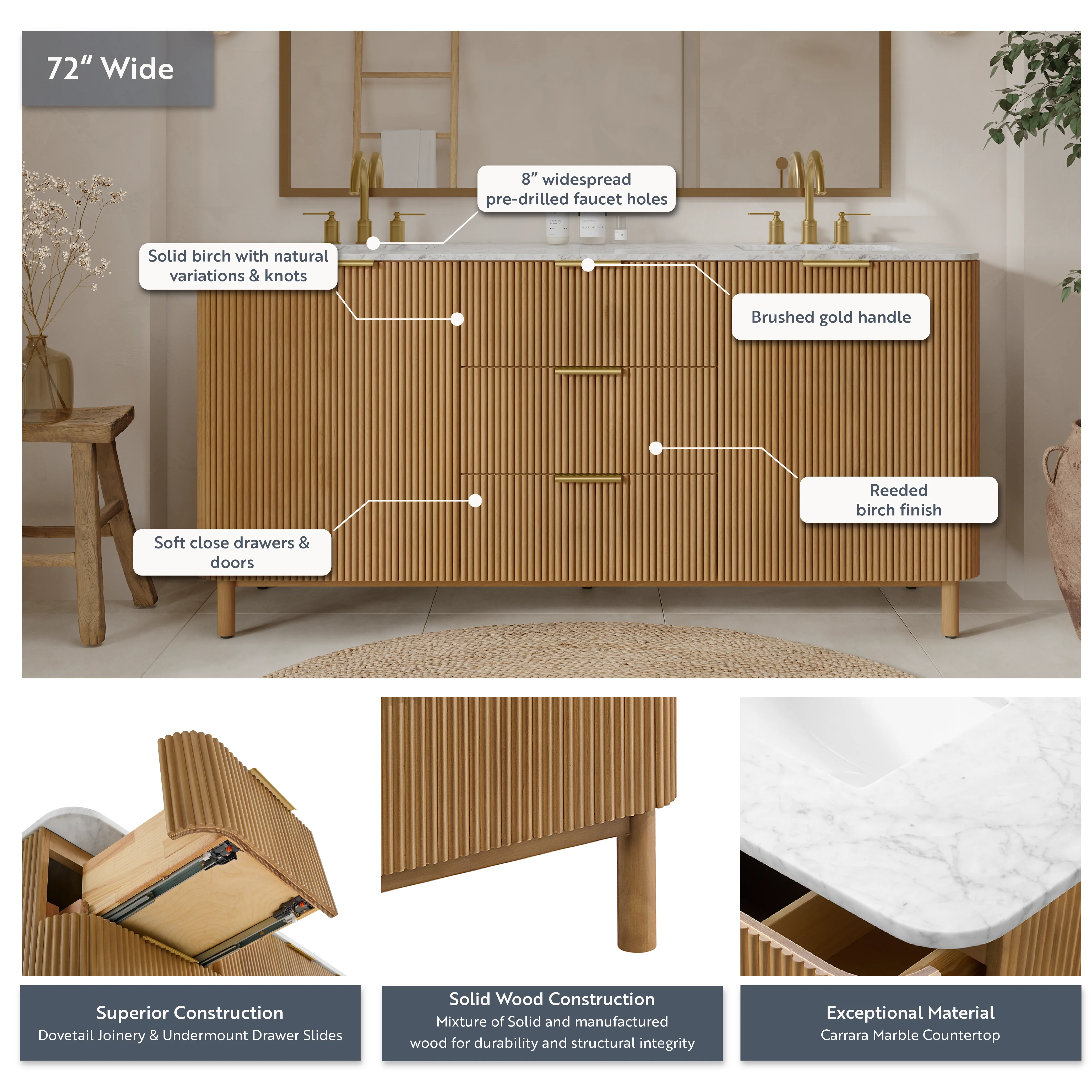 Havana 72" Double Bathroom Vanity in Reeded Birch | Carrara Marble Countertop - Image 4