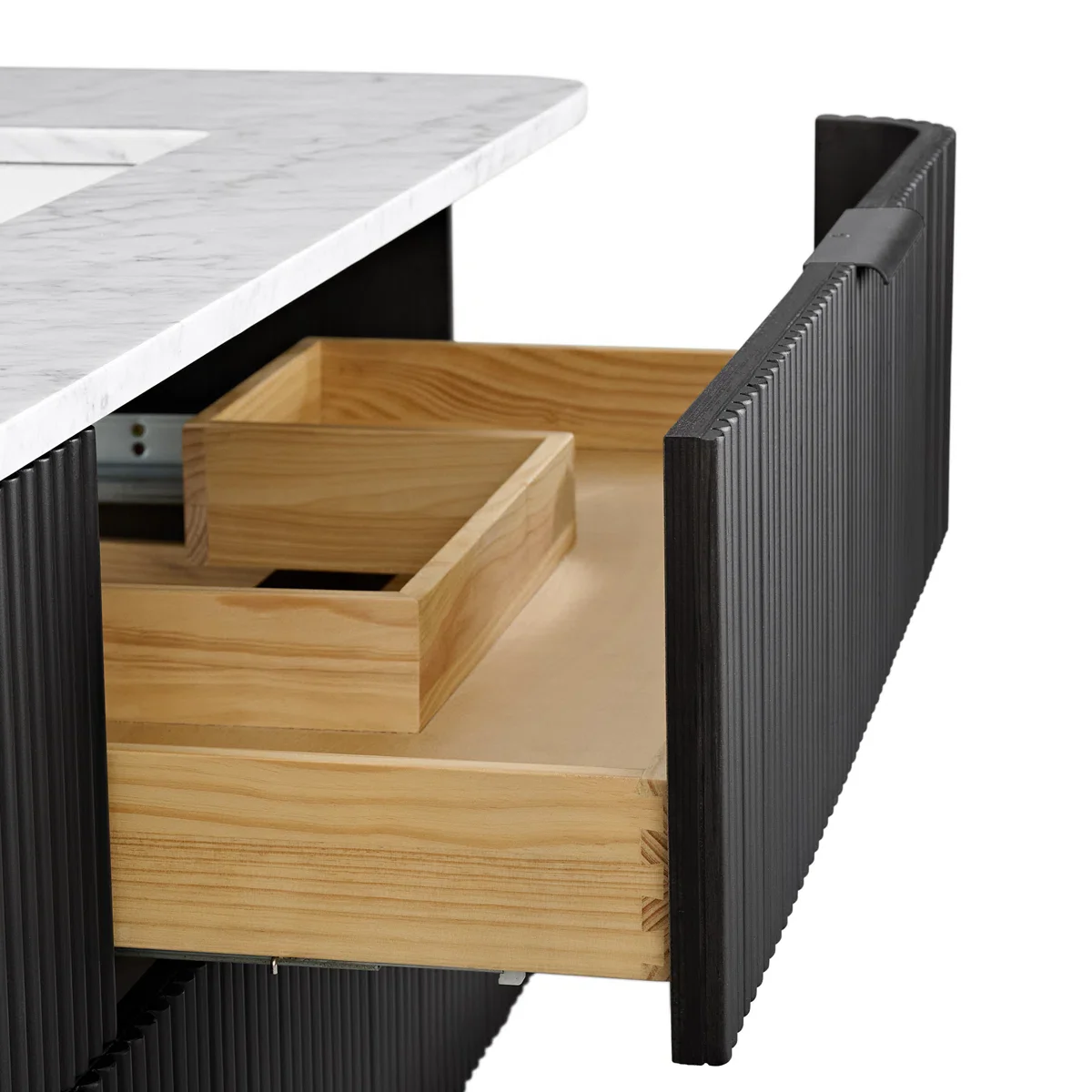 Havana 72" Floating Double Bathroom Vanity in Black Reeded Birch | Carrara Quartz Countertop - Image 10
