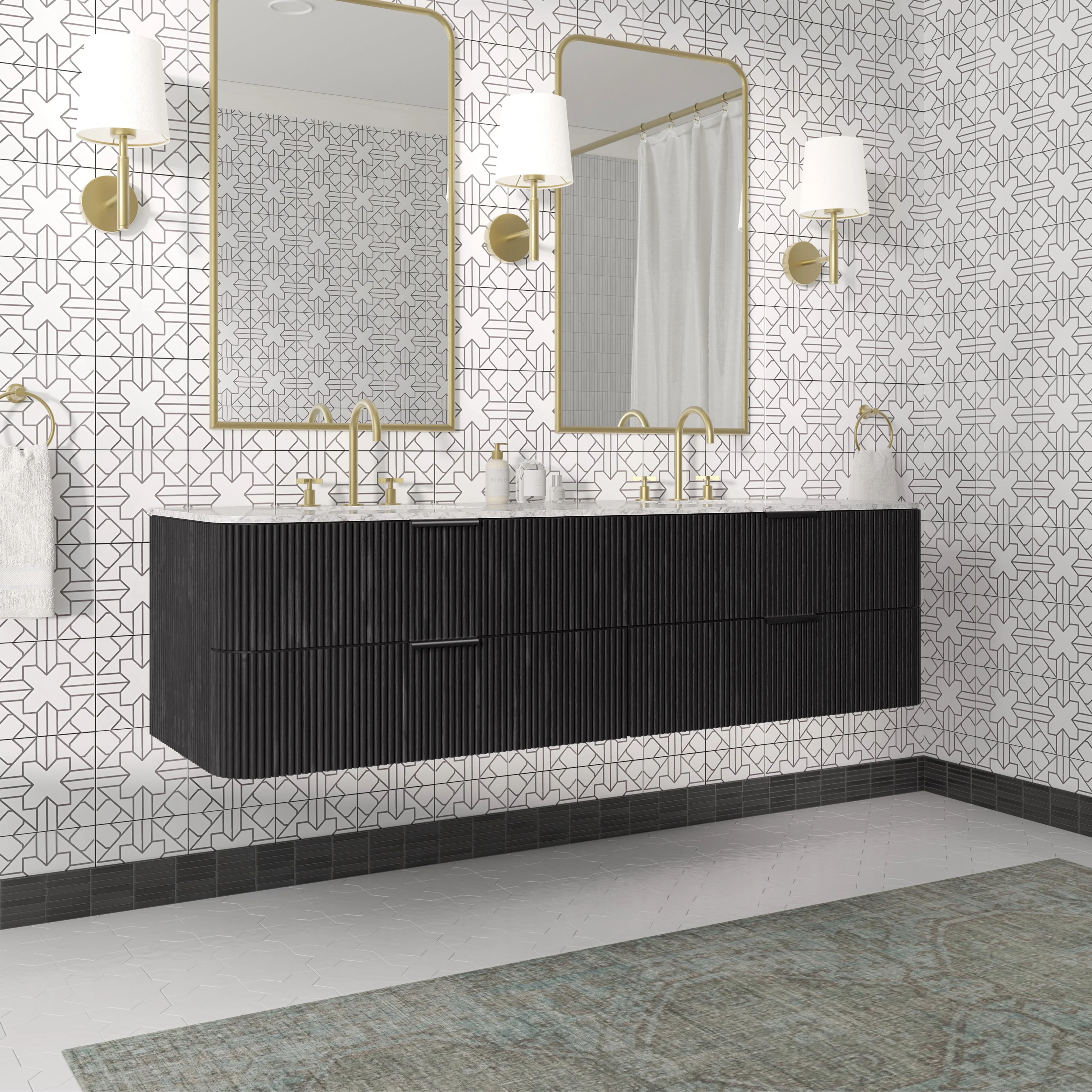 Havana 72" Floating Double Bathroom Vanity in Black Reeded Birch | Carrara Quartz Countertop - Image 3