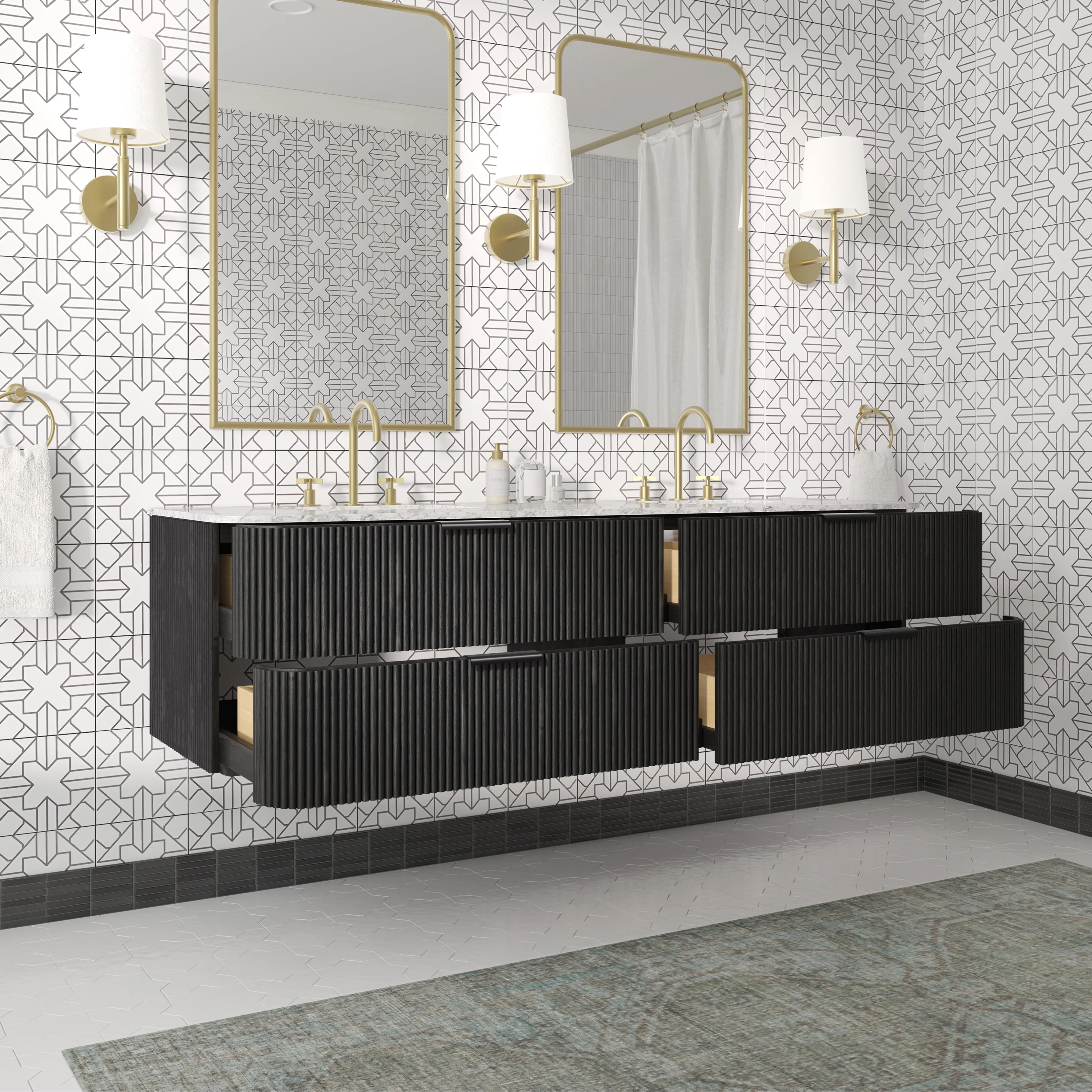 Havana 72" Floating Double Bathroom Vanity in Black Reeded Birch | Carrara Quartz Countertop - Image 4
