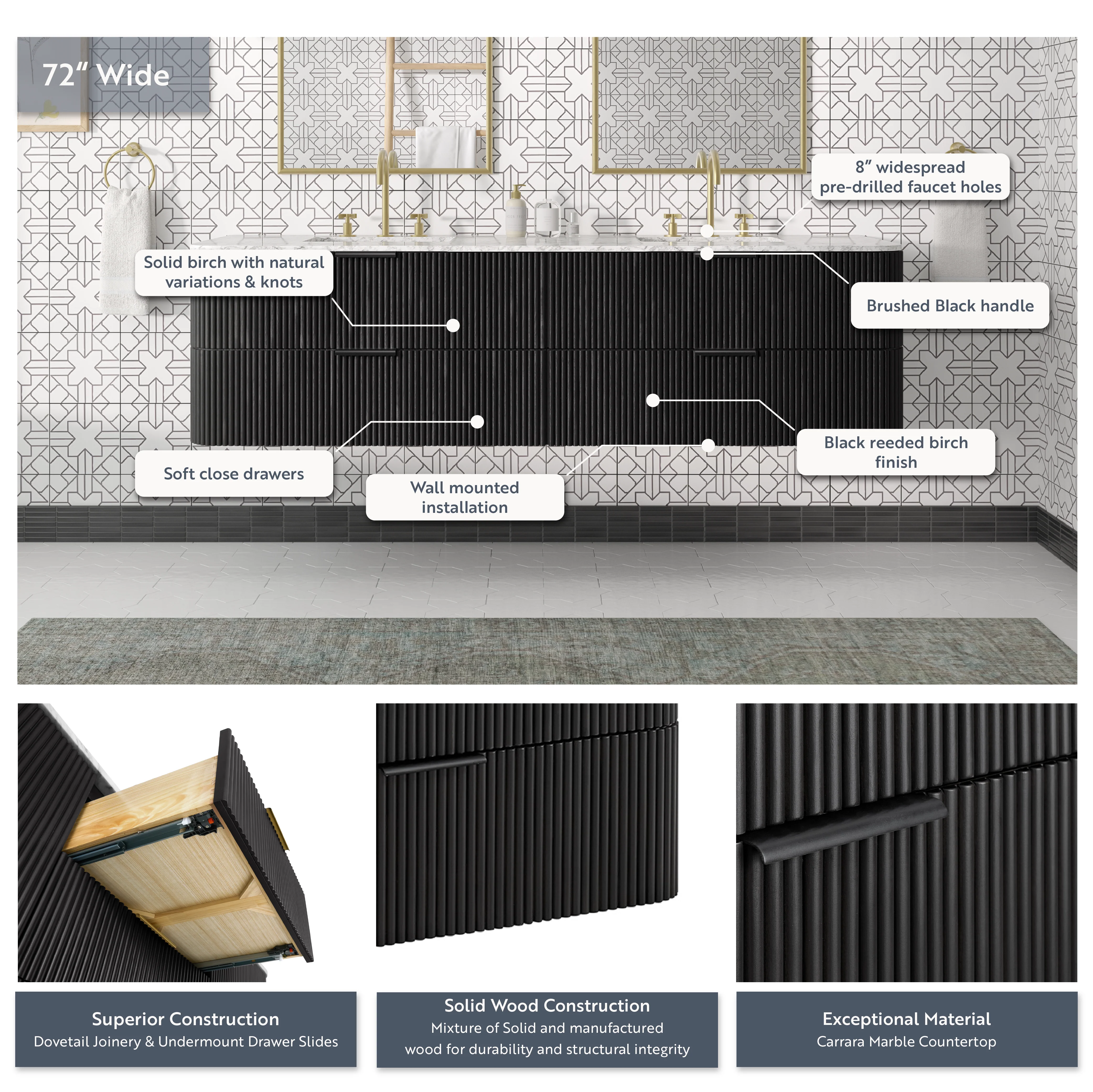 Havana 72" Floating Double Bathroom Vanity in Black Reeded Birch | Carrara Quartz Countertop - Image 5
