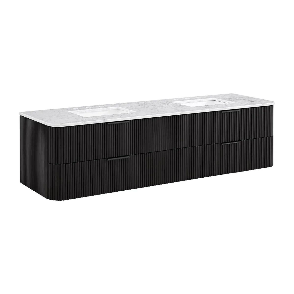 Havana 72" Floating Double Bathroom Vanity in Black Reeded Birch | Carrara Quartz Countertop - Image 6