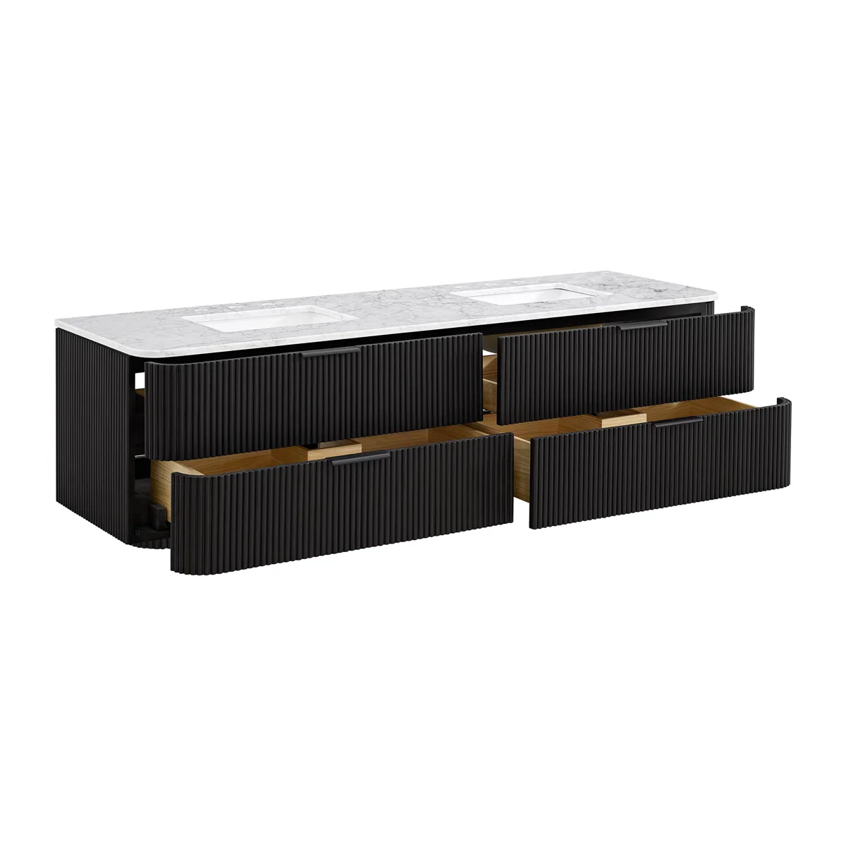 Havana 72" Floating Double Bathroom Vanity in Black Reeded Birch | Carrara Quartz Countertop - Image 7
