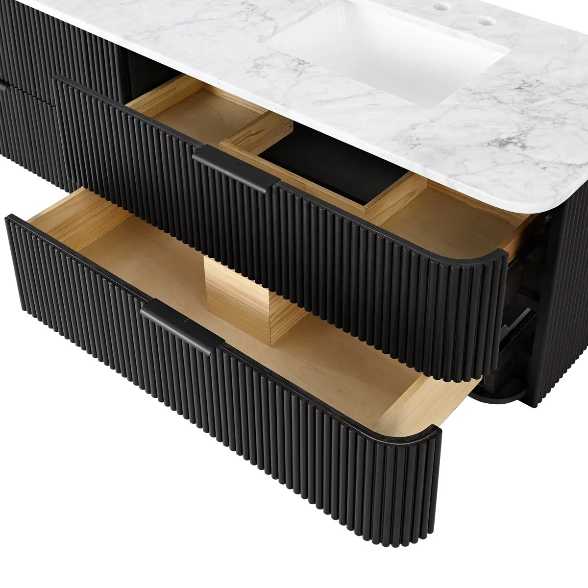 Havana 72" Floating Double Bathroom Vanity in Black Reeded Birch | Carrara Quartz Countertop - Image 8