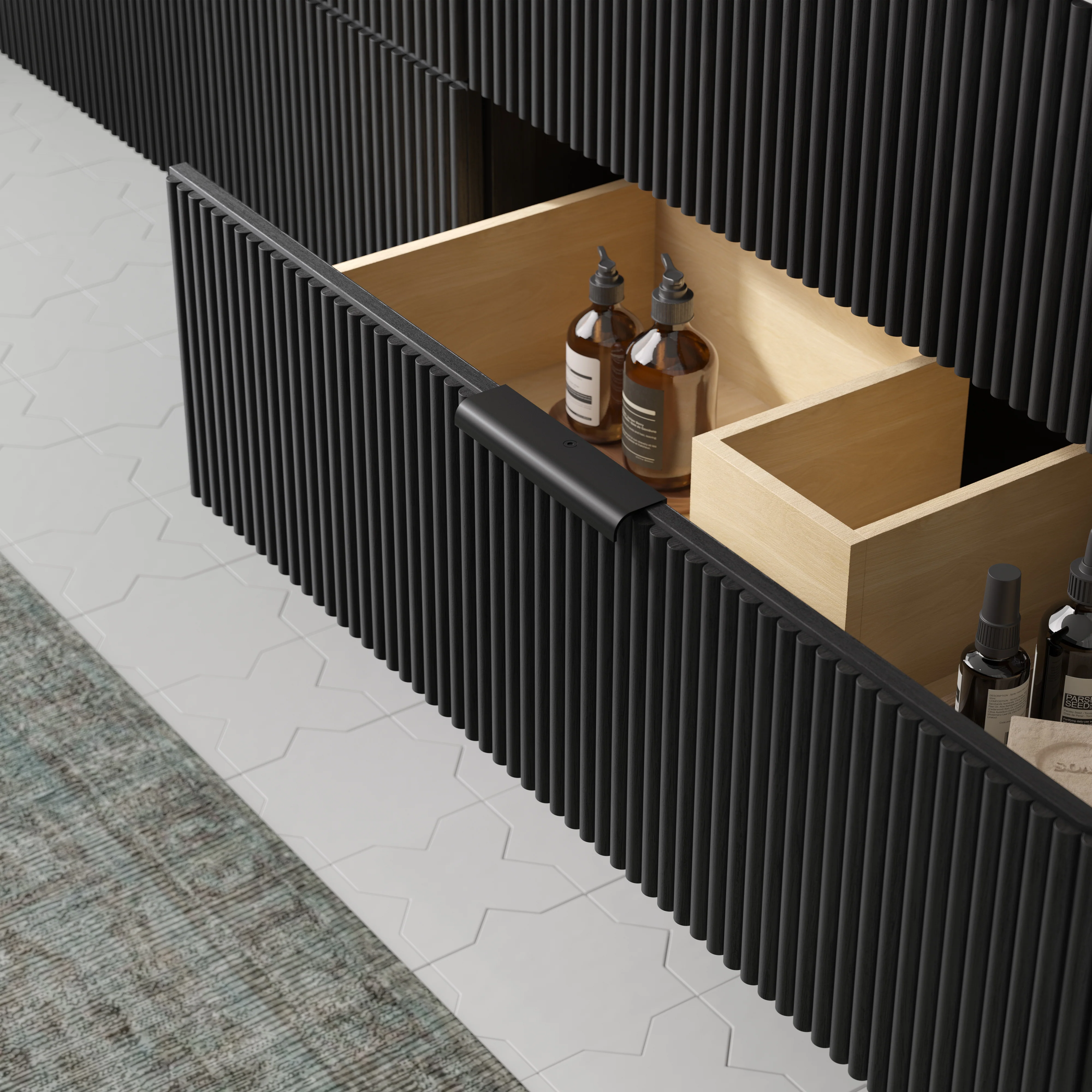 Havana 72" Floating Double Bathroom Vanity in Black Reeded Birch | Carrara Quartz Countertop - Image 9