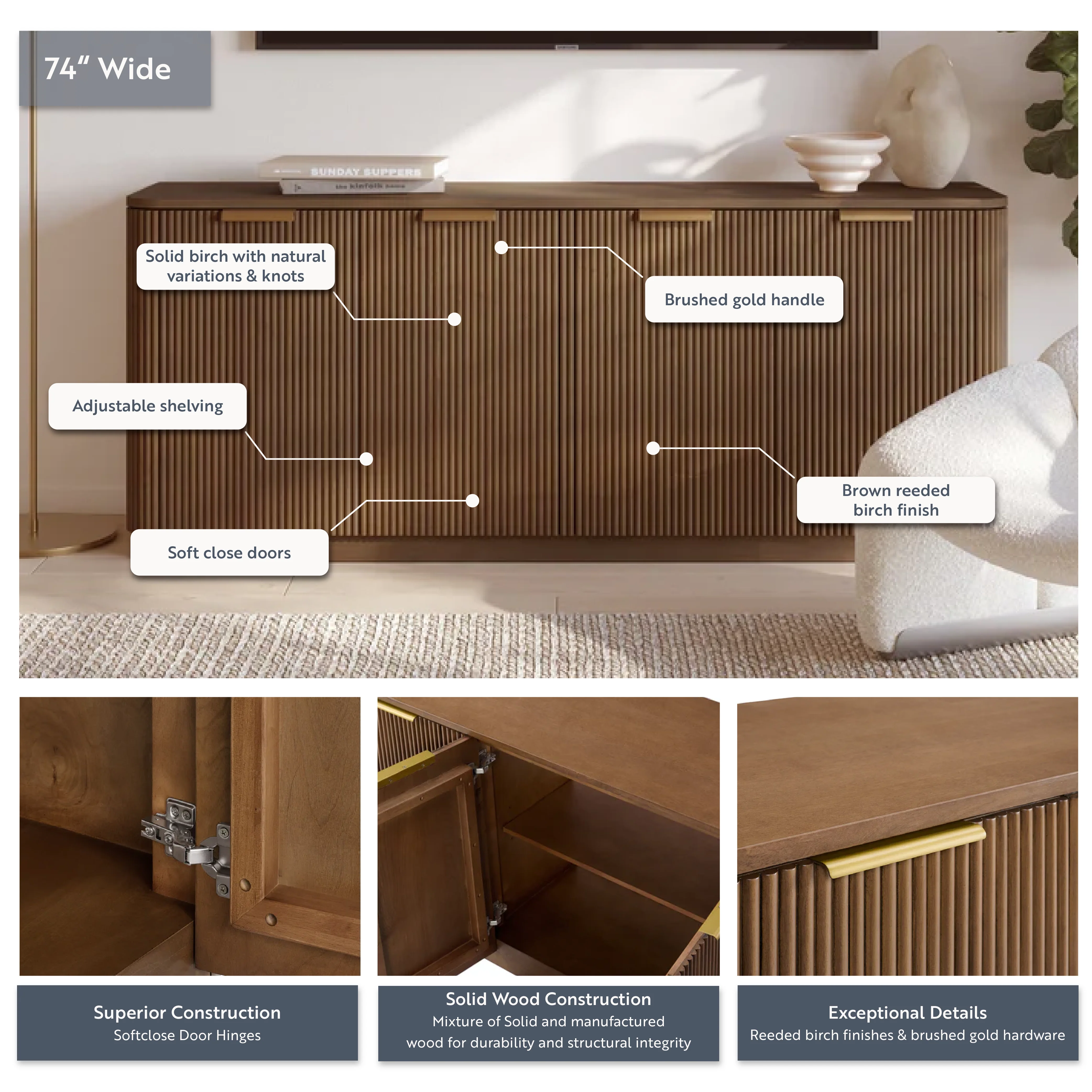Havana 73.5" Sideboard in Brown Reeded Birch Finish - Image 3