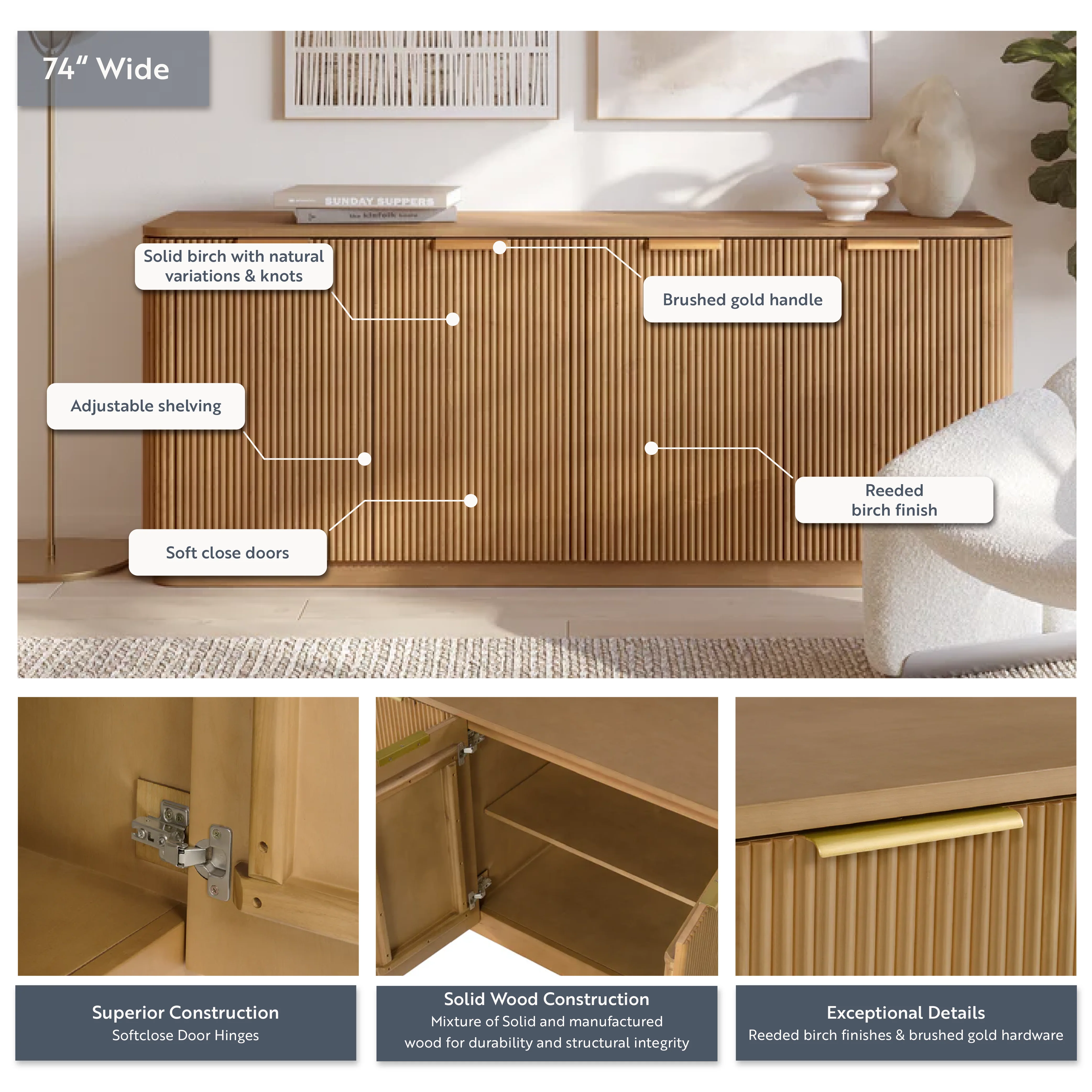 Havana 74" Sideboard in Reeded Birch Finish - Image 4